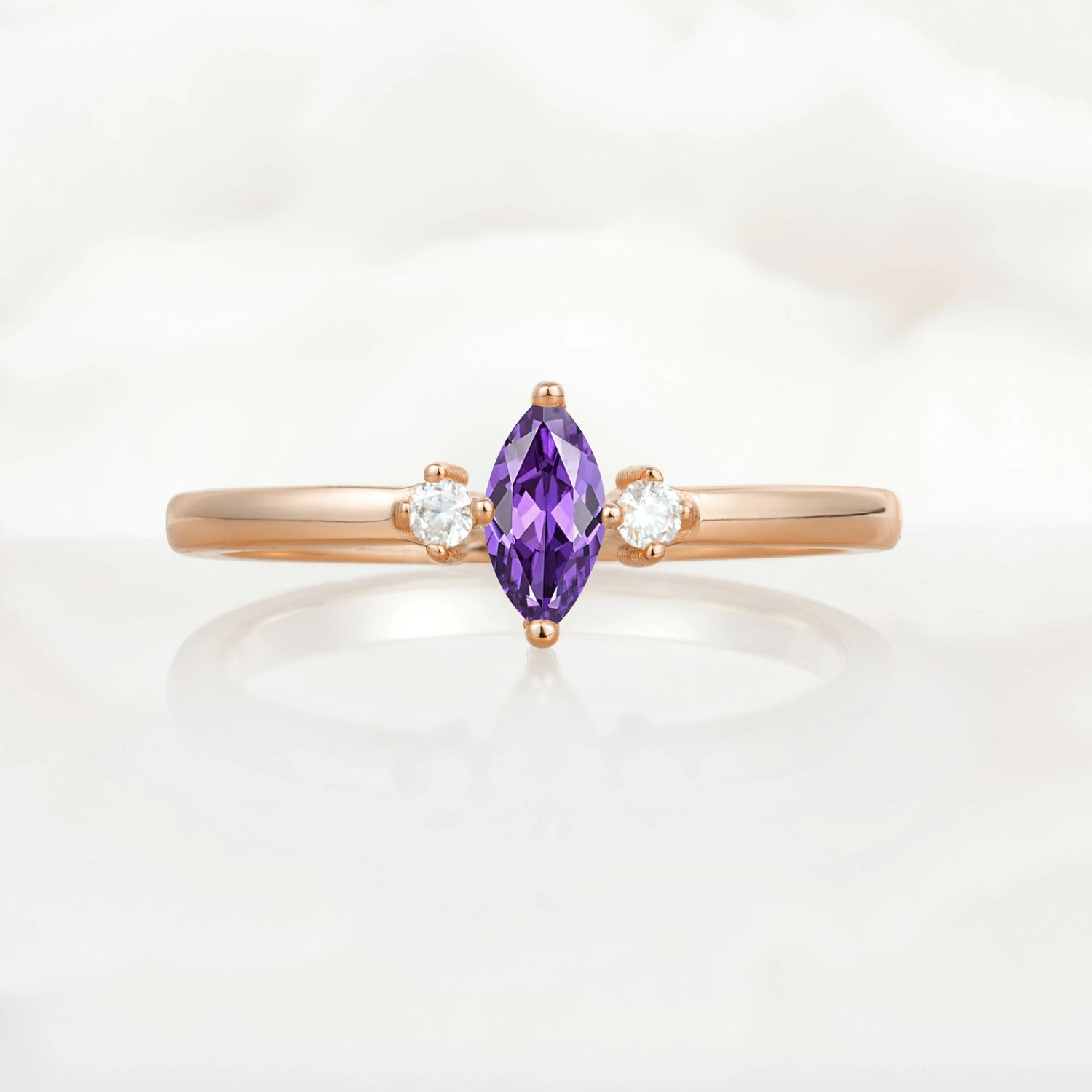 Minimalist Three Stone Marquise Amethyst Ring for Women