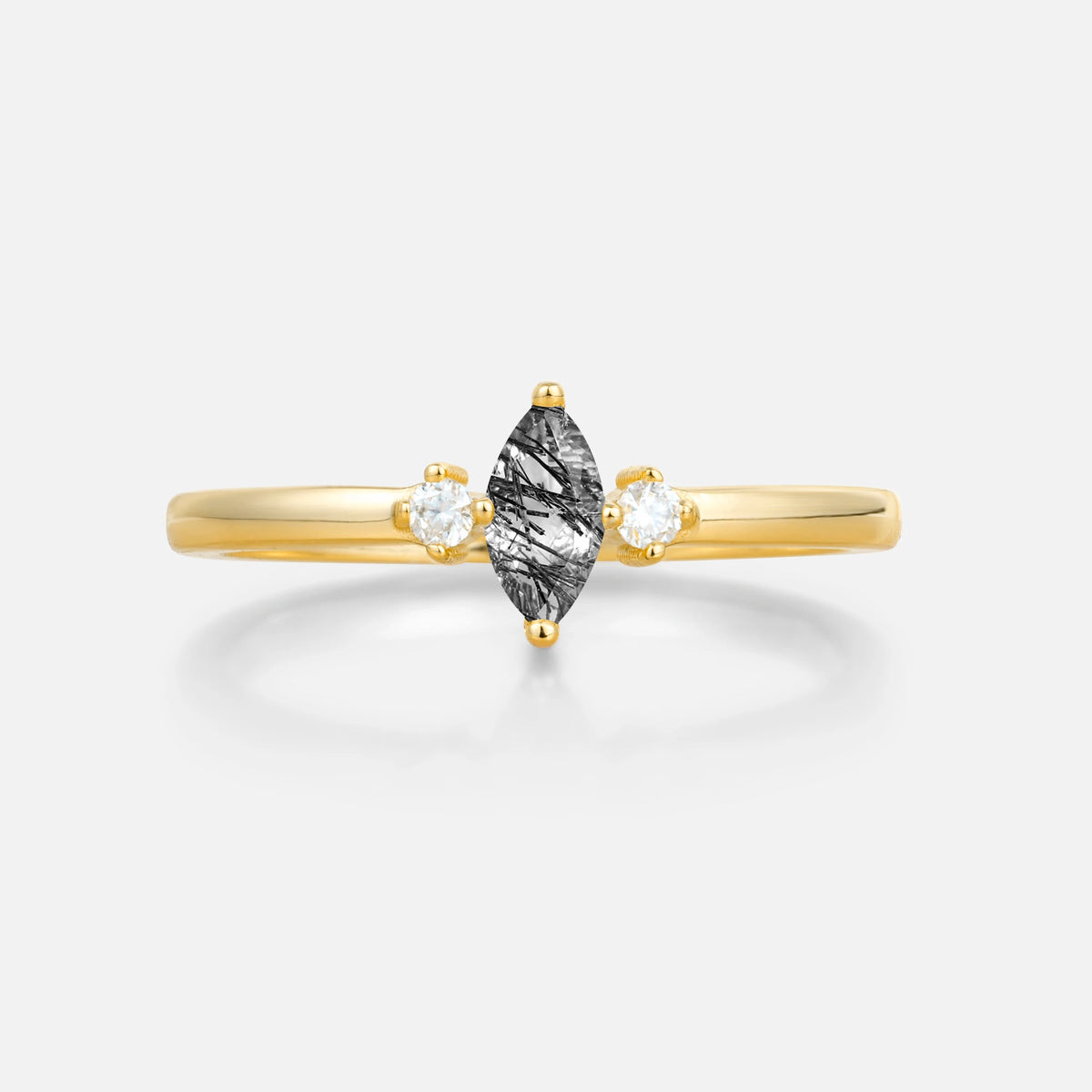 Minimalist Three Stone Marquise Black Rutilated Quartz Ring for Women