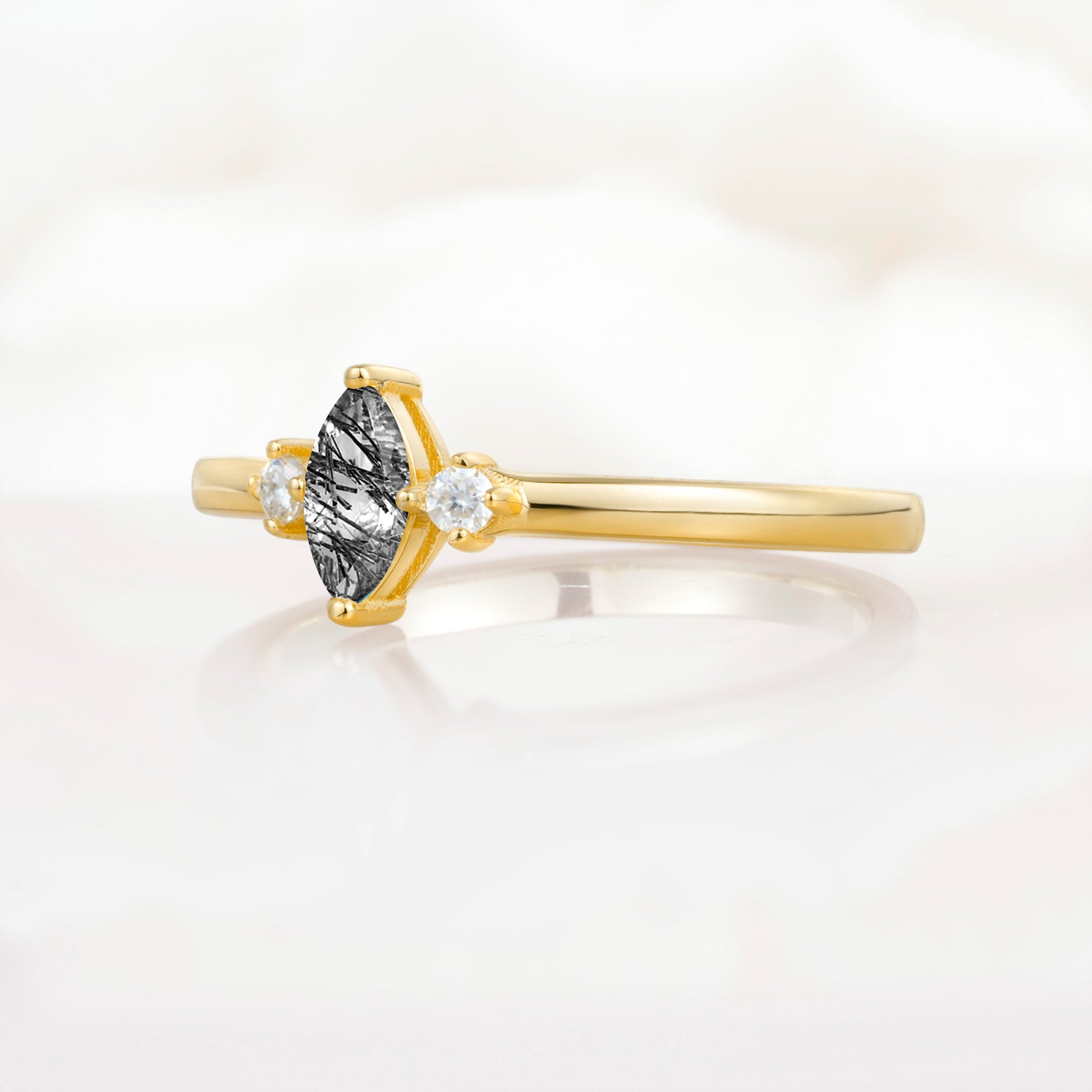 SR11083 Black Rutilated Quartz Ring - White-Gold