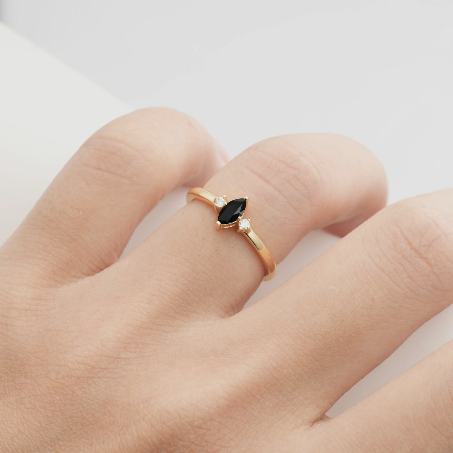 Minimalist Three Stone Marquise  Black Onyx Ring for Women
