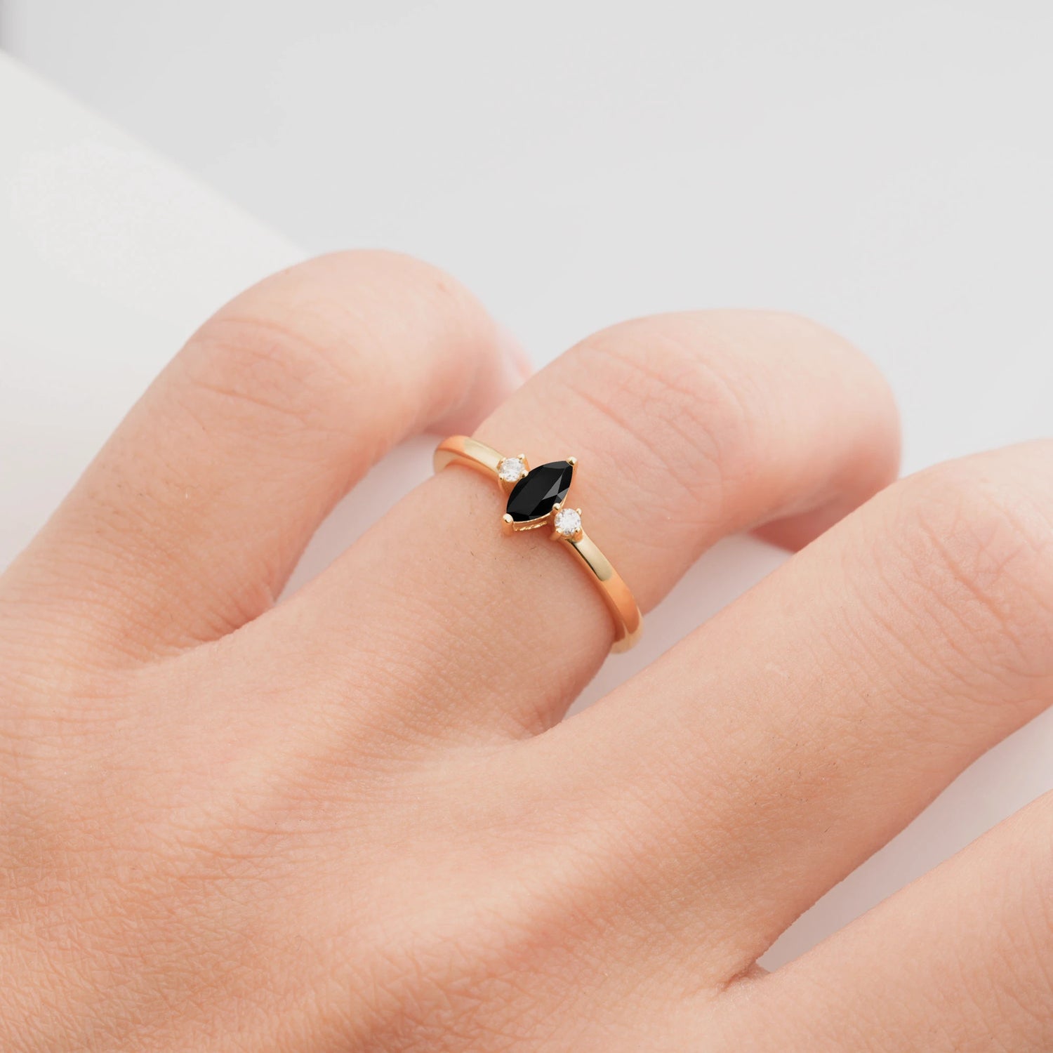 Minimalist Three Stone Marquise  Black Onyx Ring for Women