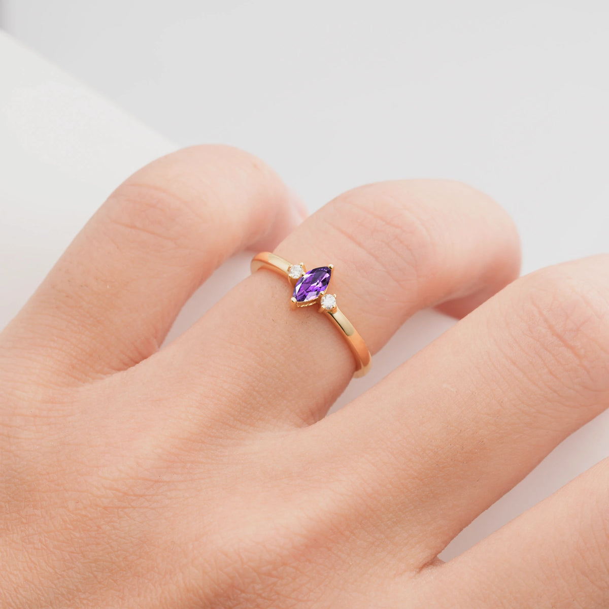 Minimalist Three Stone Marquise Amethyst Ring for Women