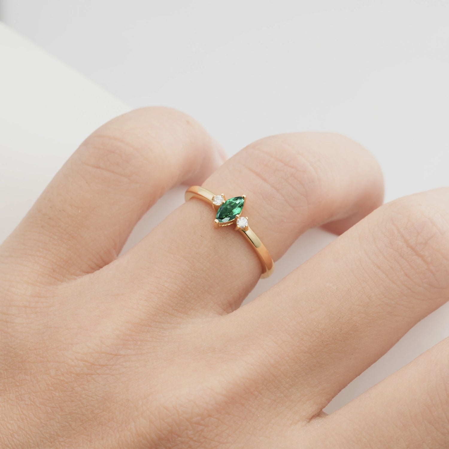 Minimalist Three Stone Marquise Emerald Ring for Women