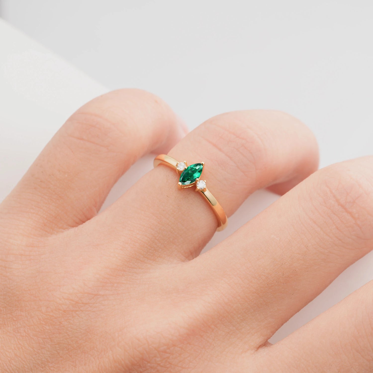 Minimalist Three Stone Marquise Emerald Ring for Women