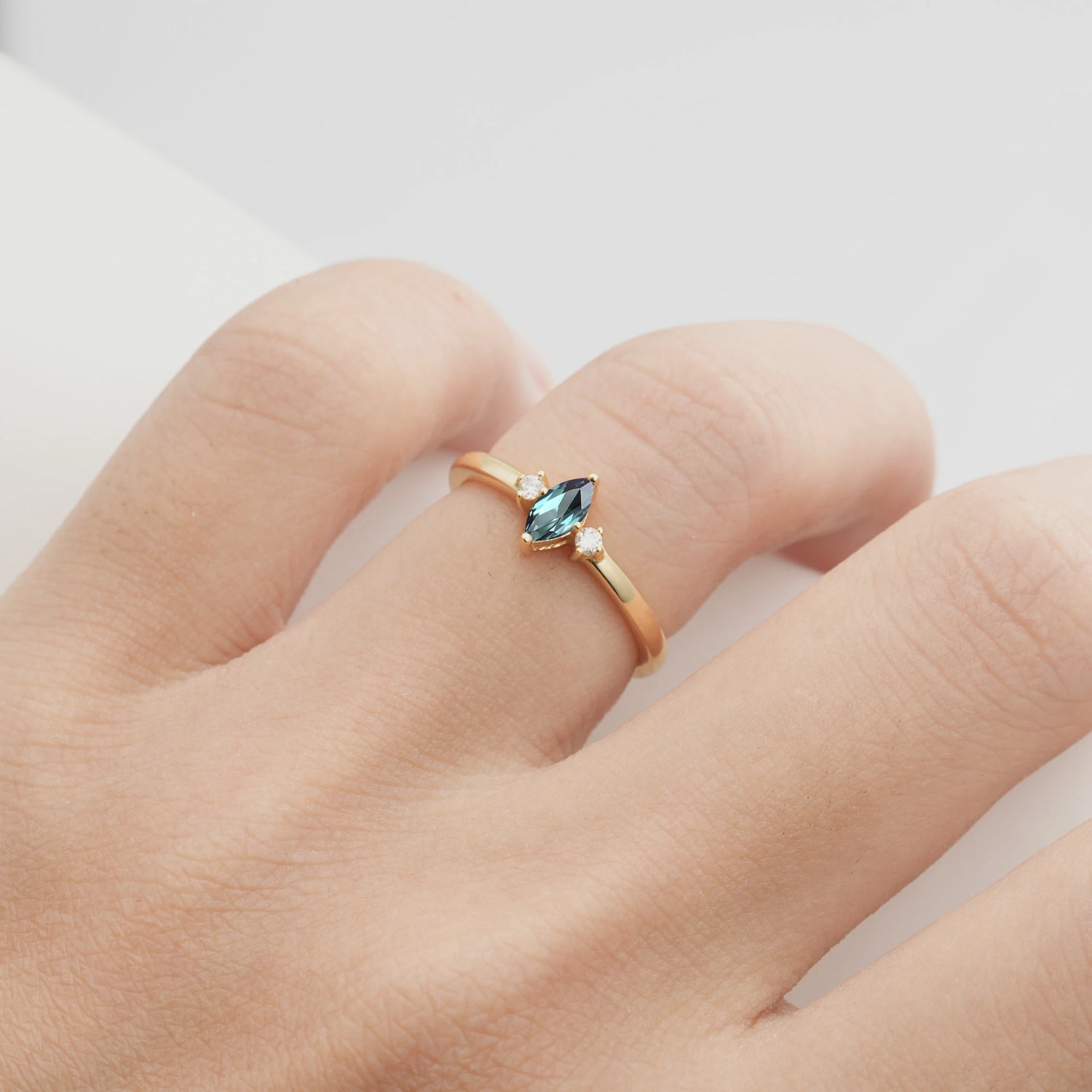 Minimalist Three Stone Marquise Alexandrite Ring for Women