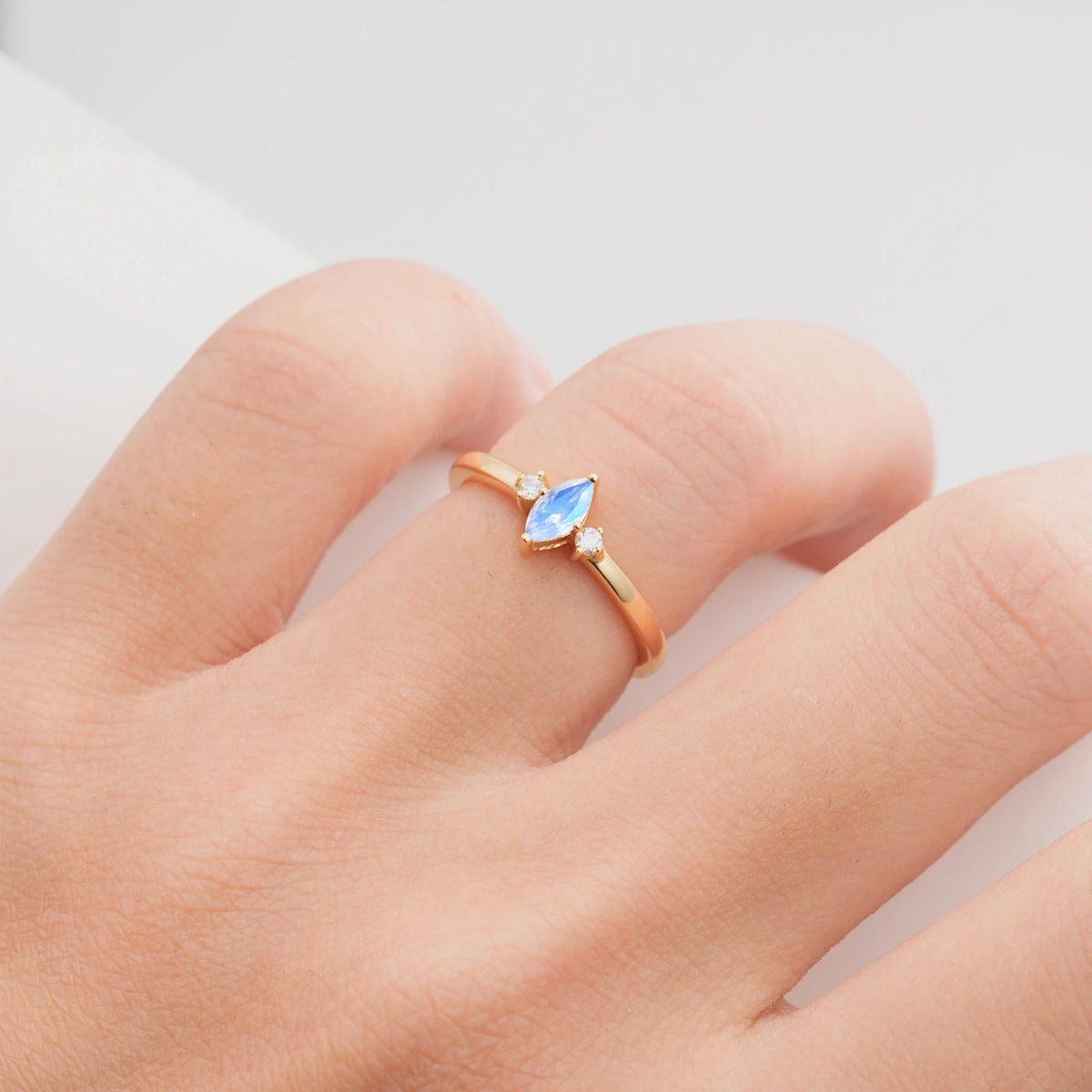 Minimalist Three Stone Marquise Moonstone Ring for Women