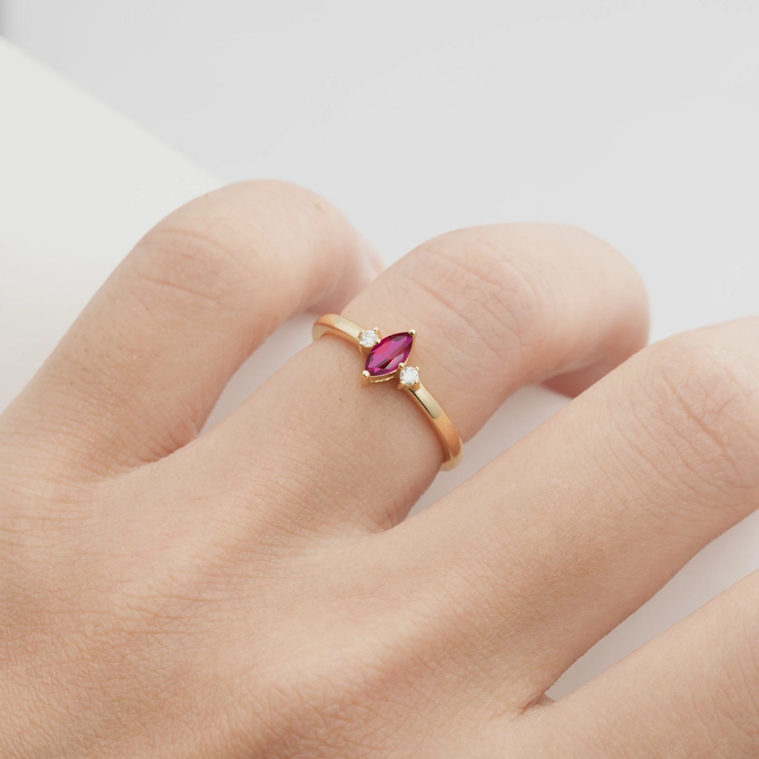 Minimalist Three Stone Marquise Ruby Ring for Women
