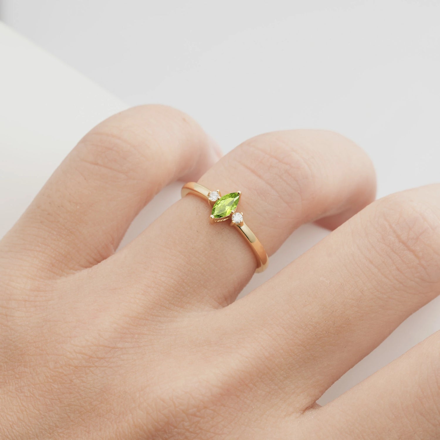 Minimalist Three Stone Marquise Peridot Ring for Women