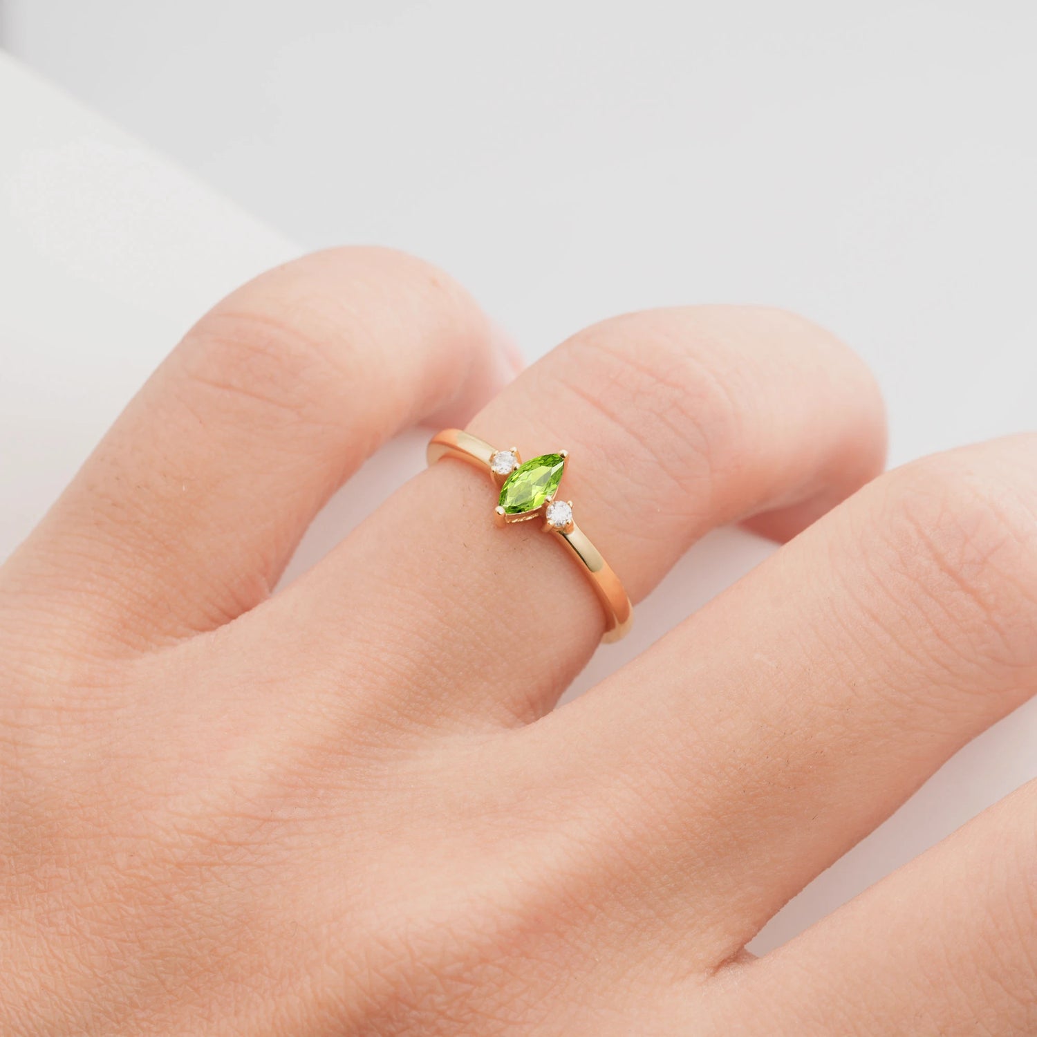Minimalist Three Stone Marquise Peridot Ring for Women