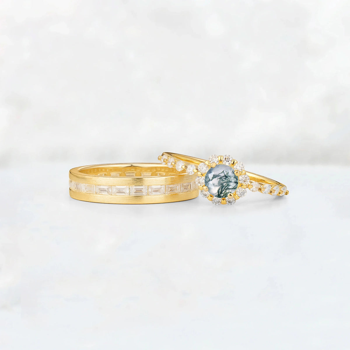 Round Moss Agate His and Hers Couple Ring