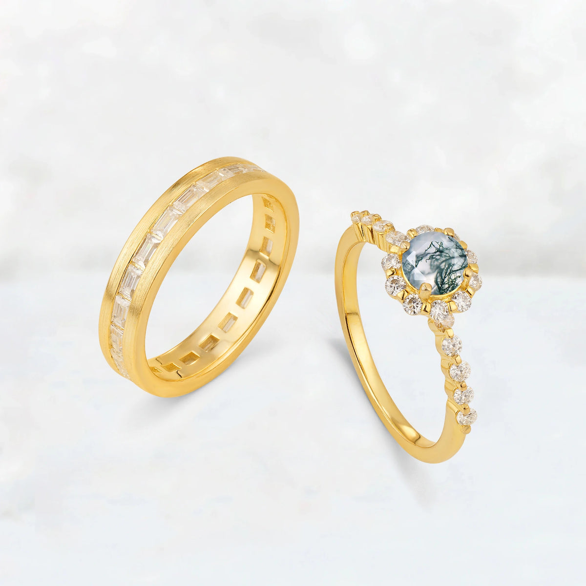 Round Moss Agate His and Hers Couple Ring