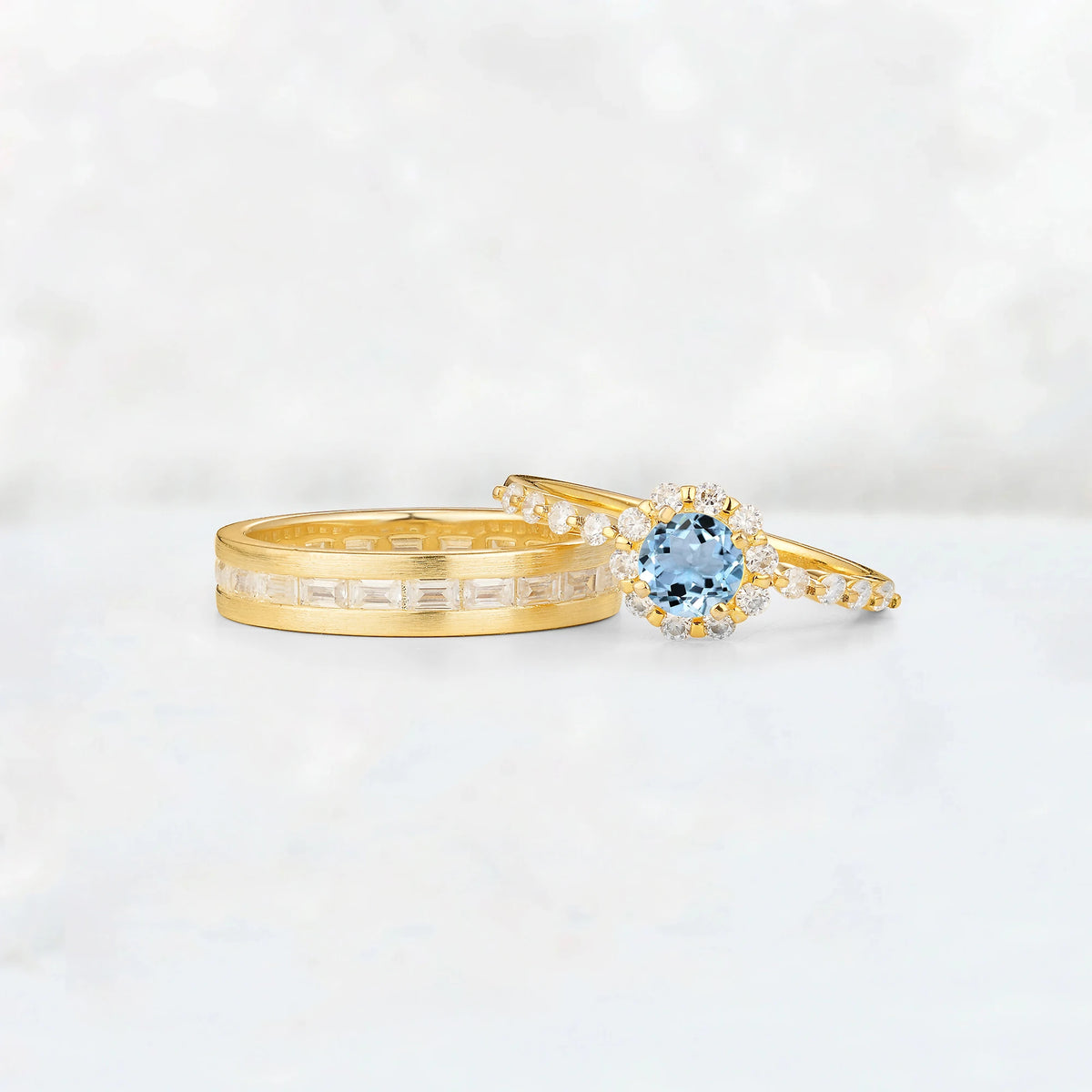 Round Aquamarine His and Hers Couple Ring
