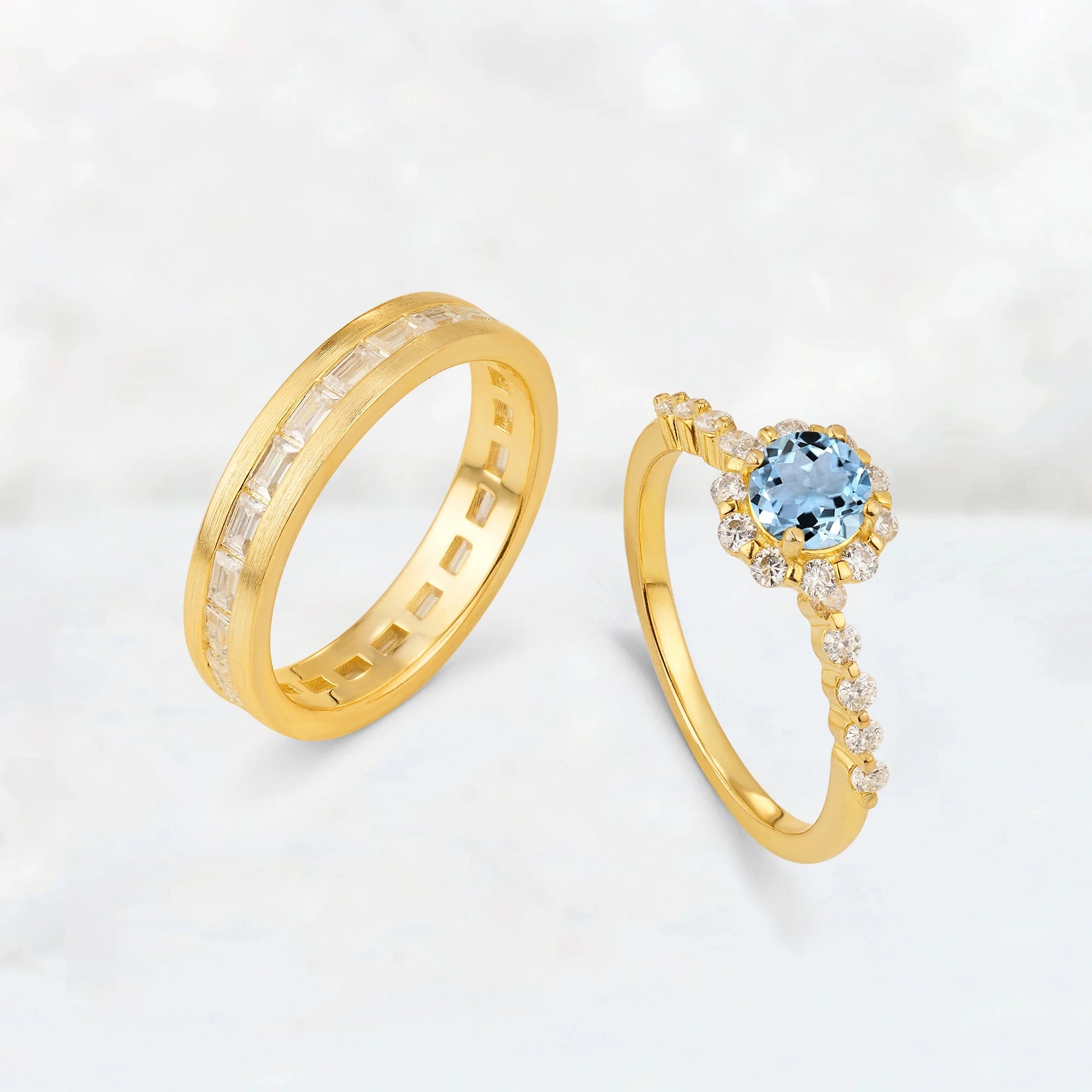 Round Aquamarine His and Hers Couple Ring