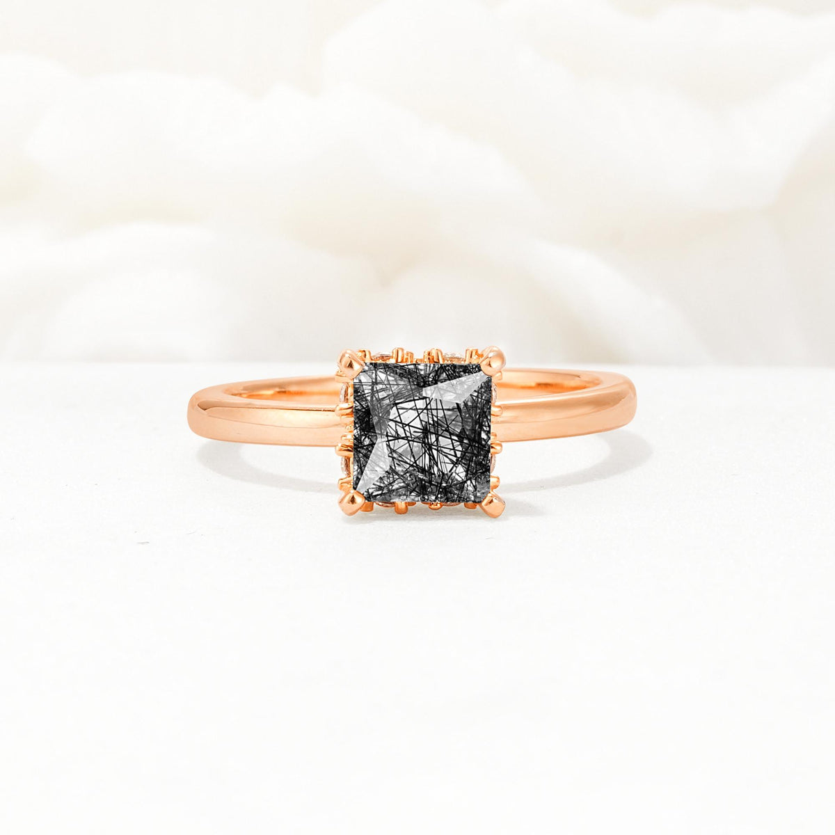 Princess Cut Black Rutilated Quartz Hidden Halo Engagement Ring - Additional view