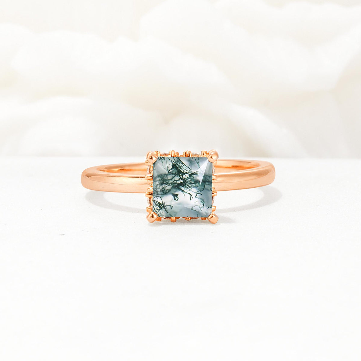 Princess Cut Moss Agate Hidden Halo Engagement Ring - Additional view