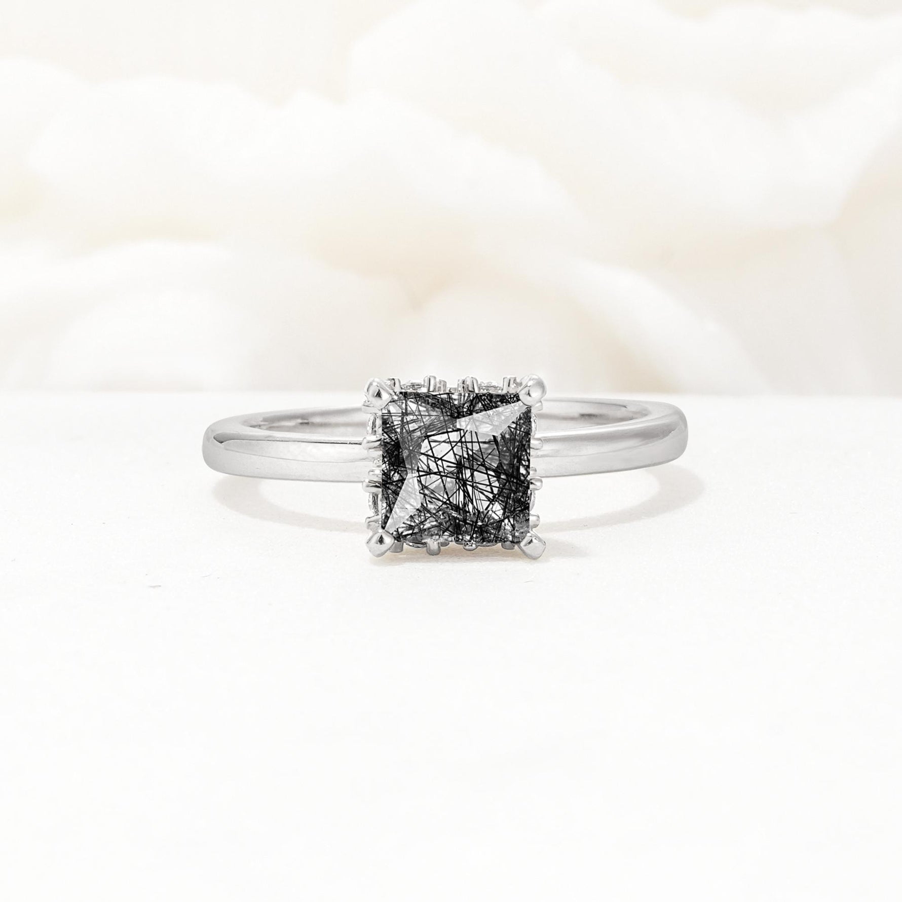 Princess Cut Black Rutilated Quartz Hidden Halo Engagement Ring - Additional view