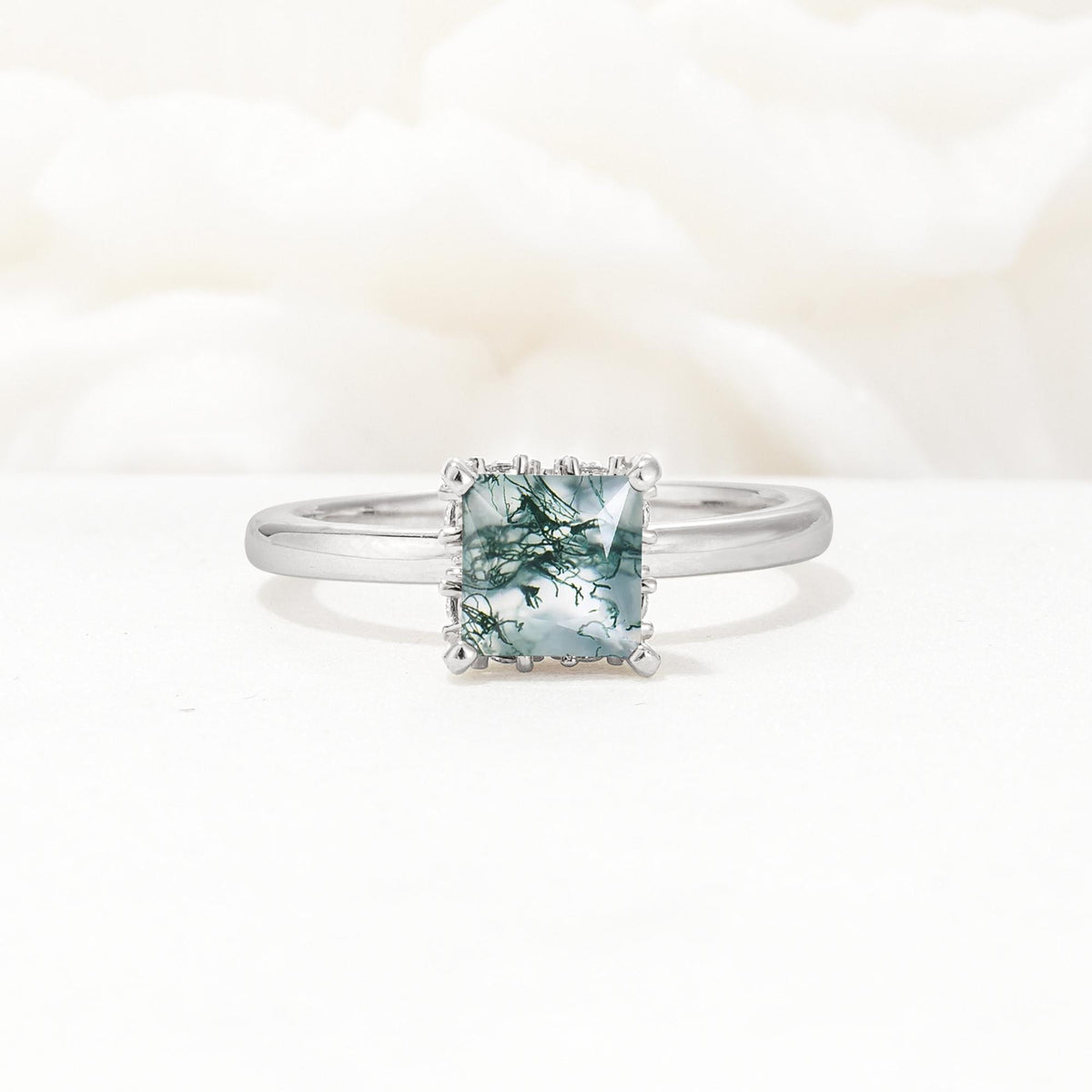 Princess Cut Moss Agate Hidden Halo Engagement Ring - Additional view