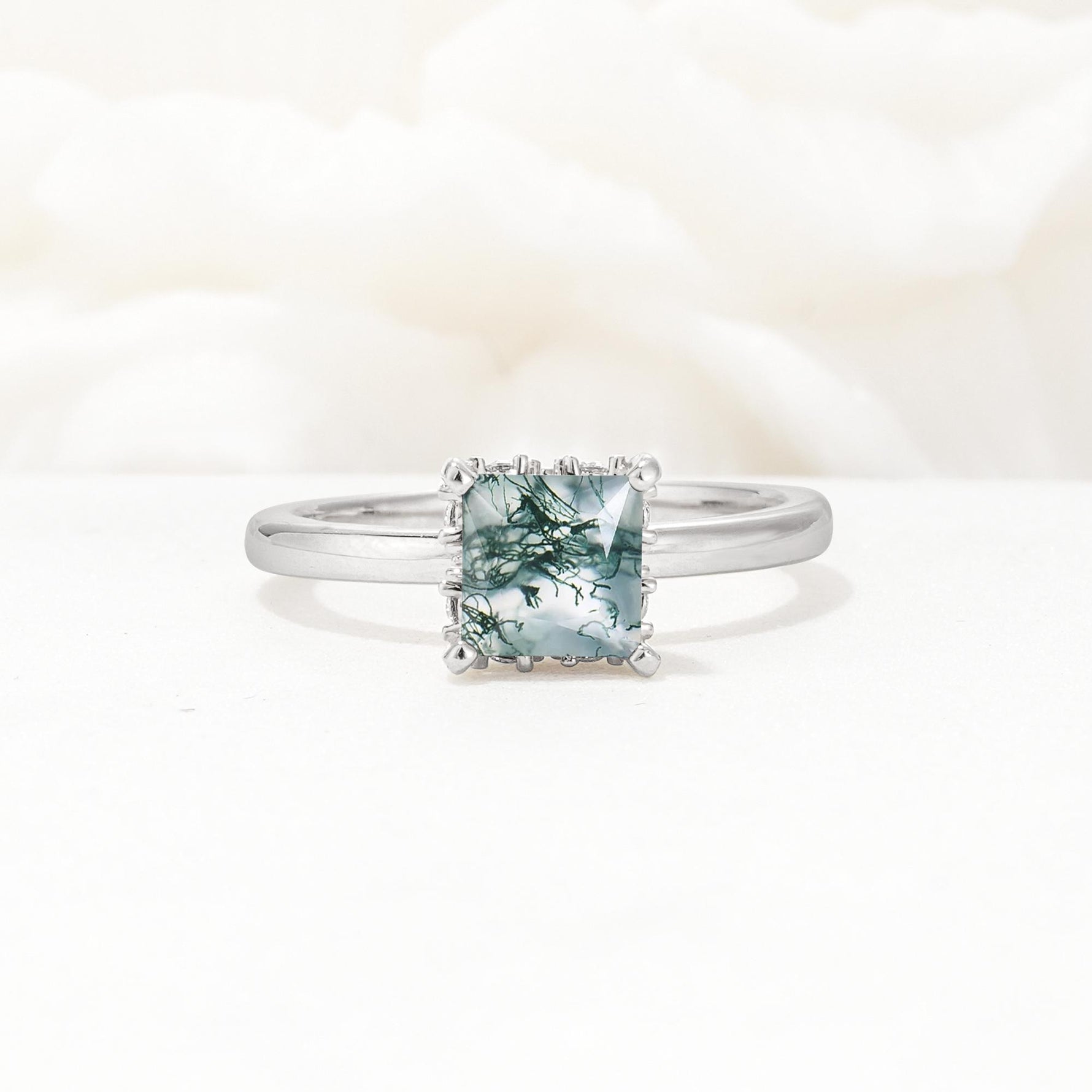 Princess Cut Moss Agate Hidden Halo Engagement Ring - Additional view