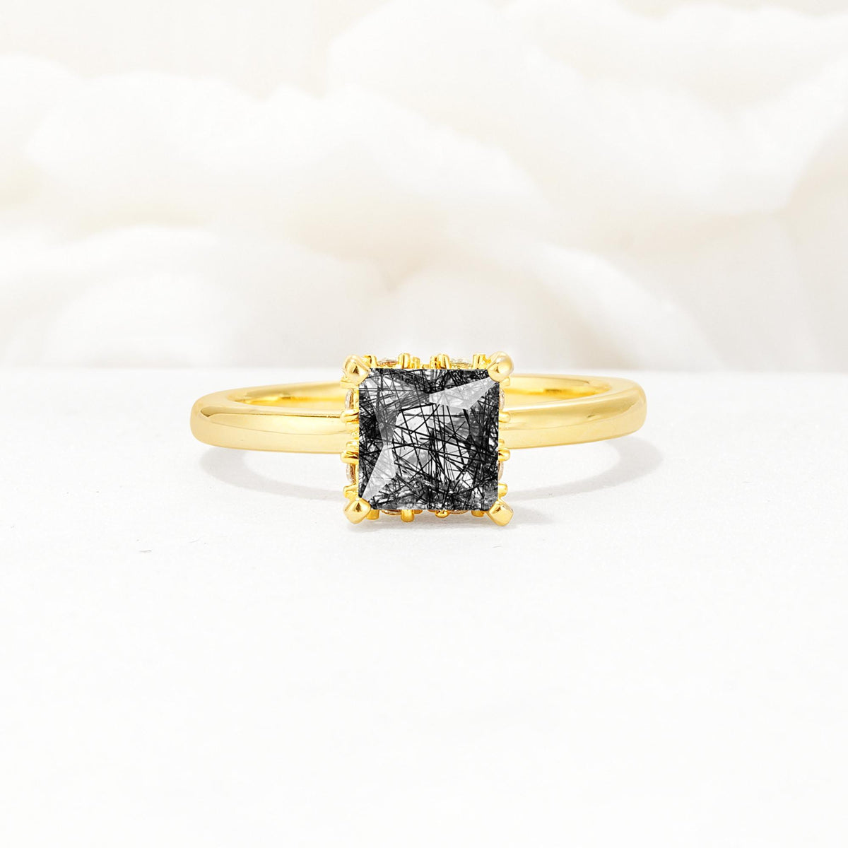 Princess Cut Black Rutilated Quartz Hidden Halo Engagement Ring - Additional view