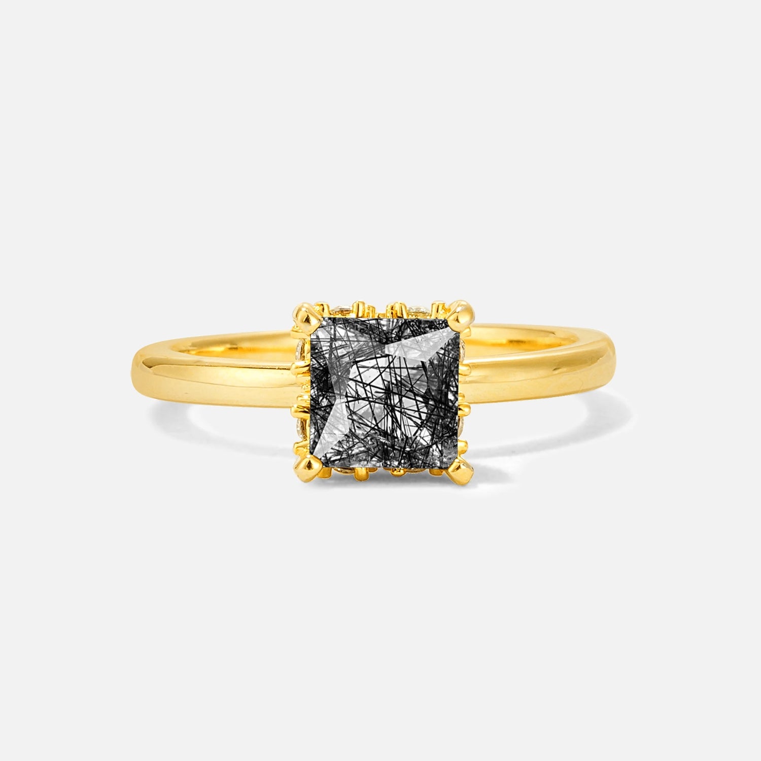 Princess Cut Black Rutilated Quartz Hidden Halo Engagement Ring