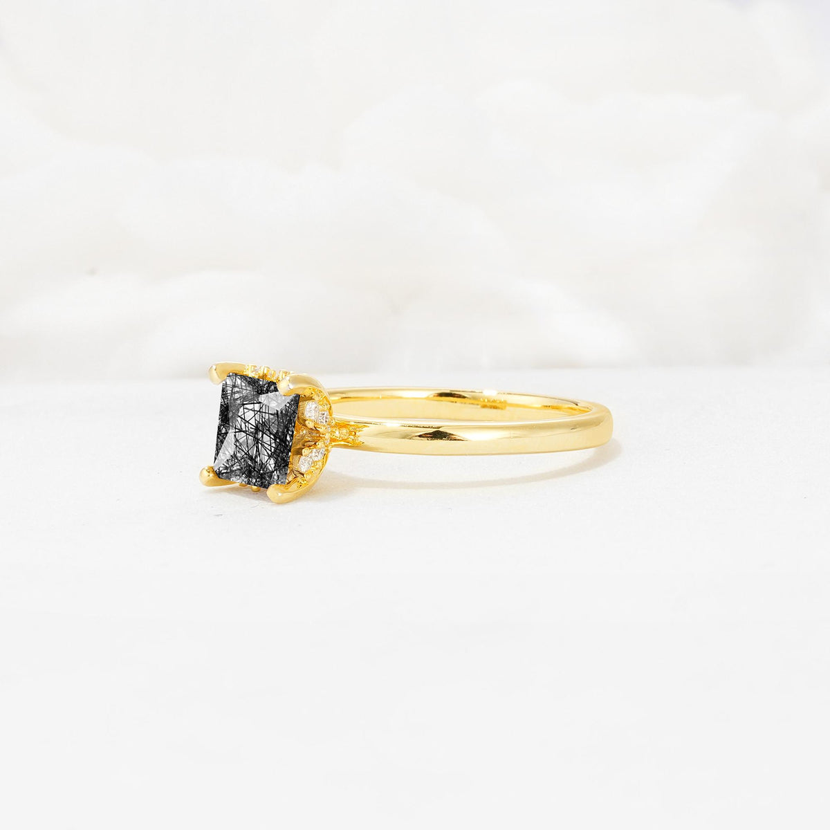Princess Cut Black Rutilated Quartz Hidden Halo Engagement Ring - Additional view