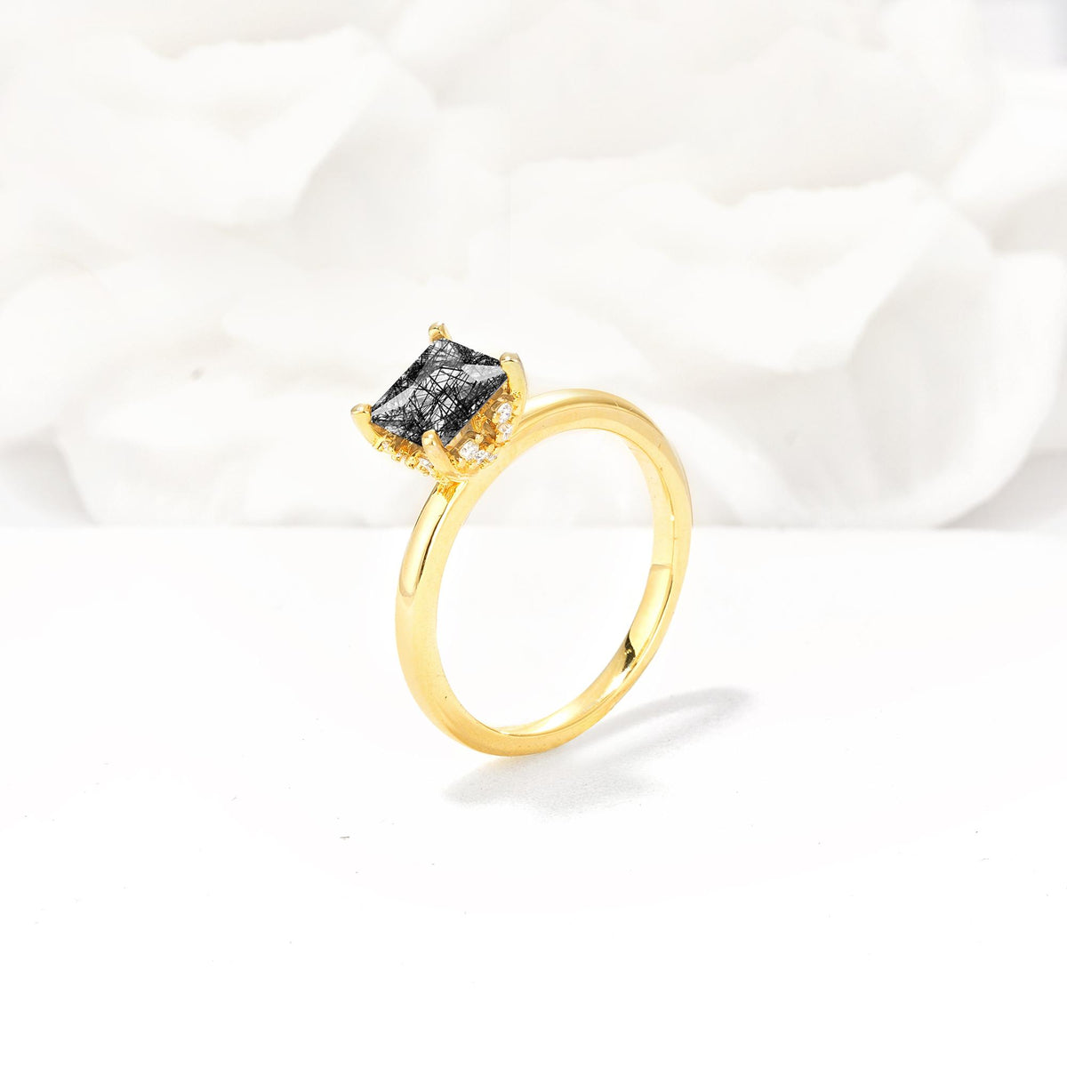 Princess Cut Black Rutilated Quartz Hidden Halo Engagement Ring - Additional view
