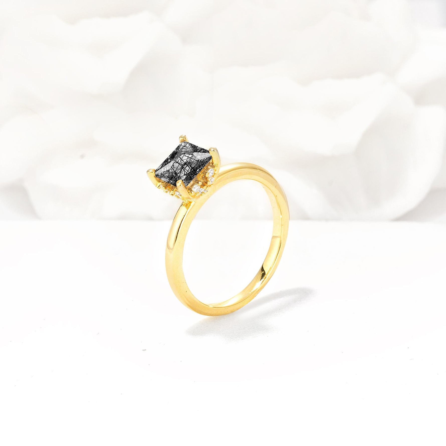Princess Cut Black Rutilated Quartz Hidden Halo Engagement Ring - Additional view