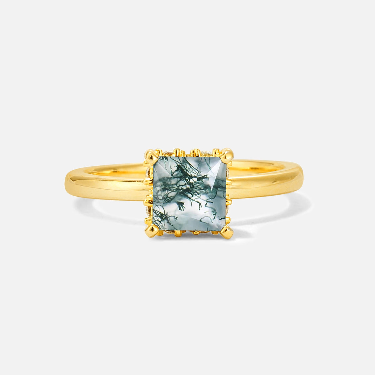 Princess Cut Moss Agate Hidden Halo Engagement Ring