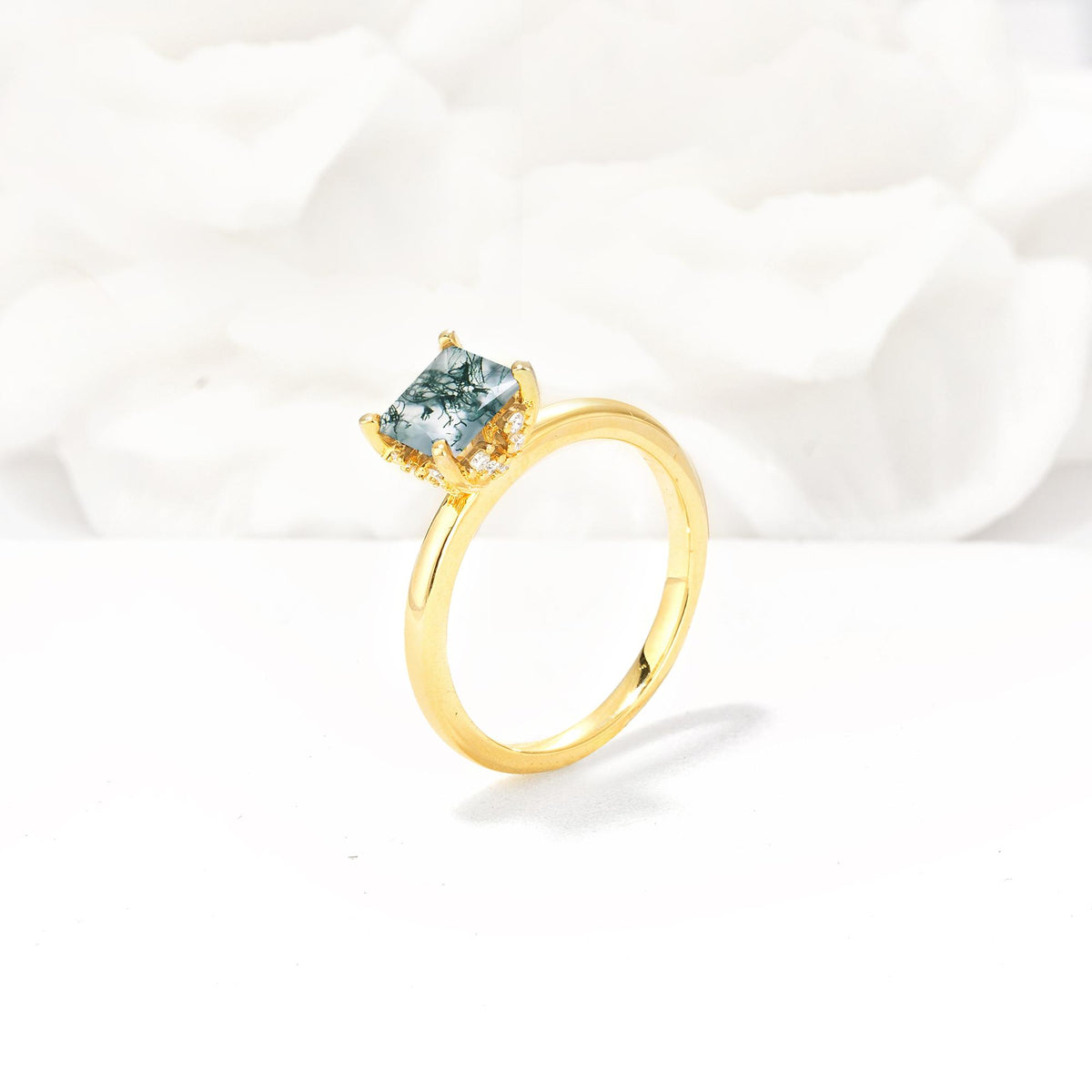 Princess Cut Moss Agate Hidden Halo Engagement Ring - Additional view