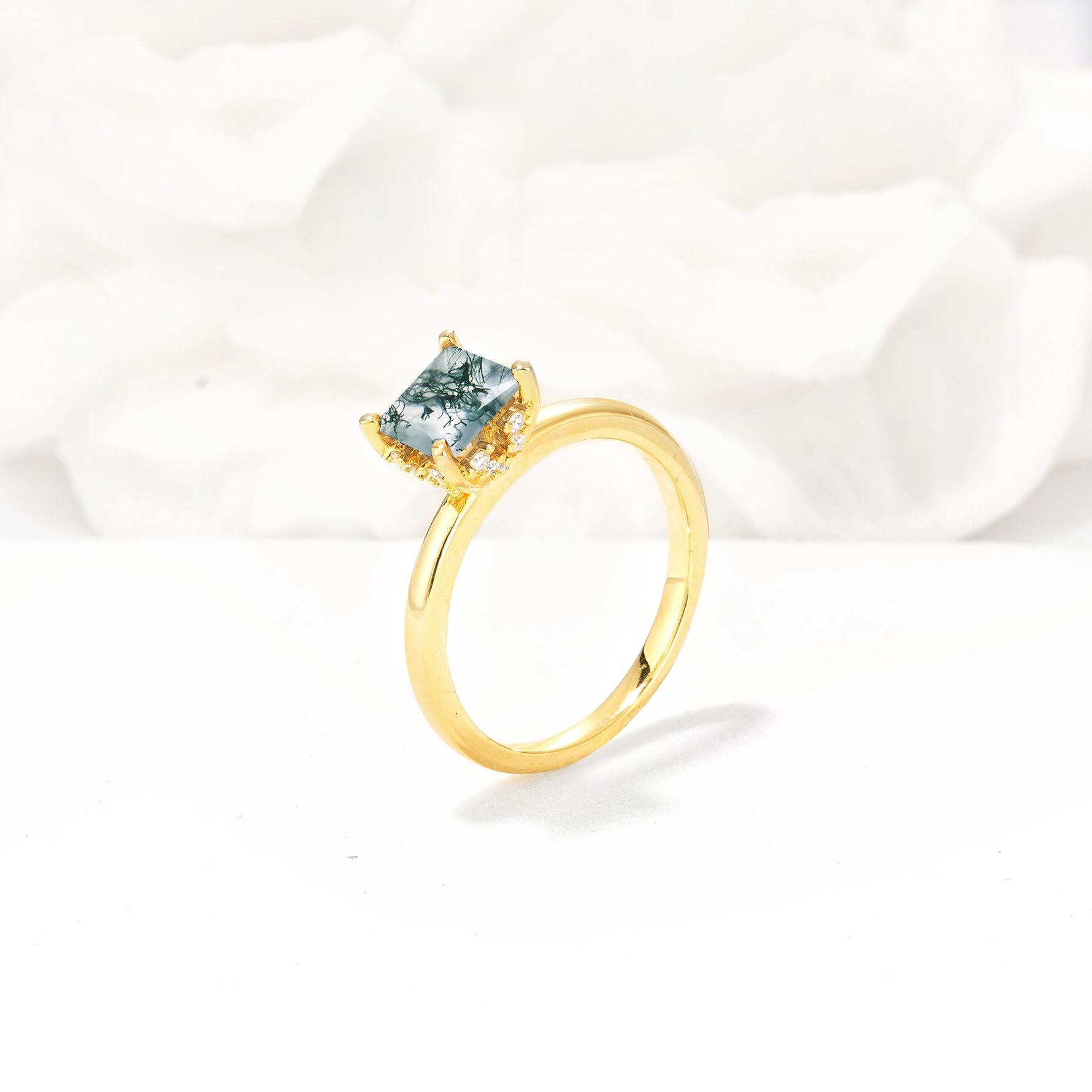 Princess Cut Moss Agate Hidden Halo Engagement Ring - Additional view