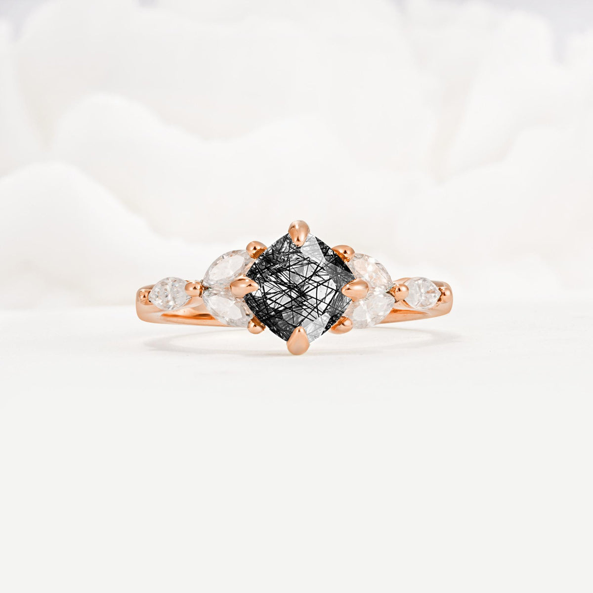 Vintage-Inspired Princess Cut Black Rutilated Quartz Cluster Engagement Ring - Additional view