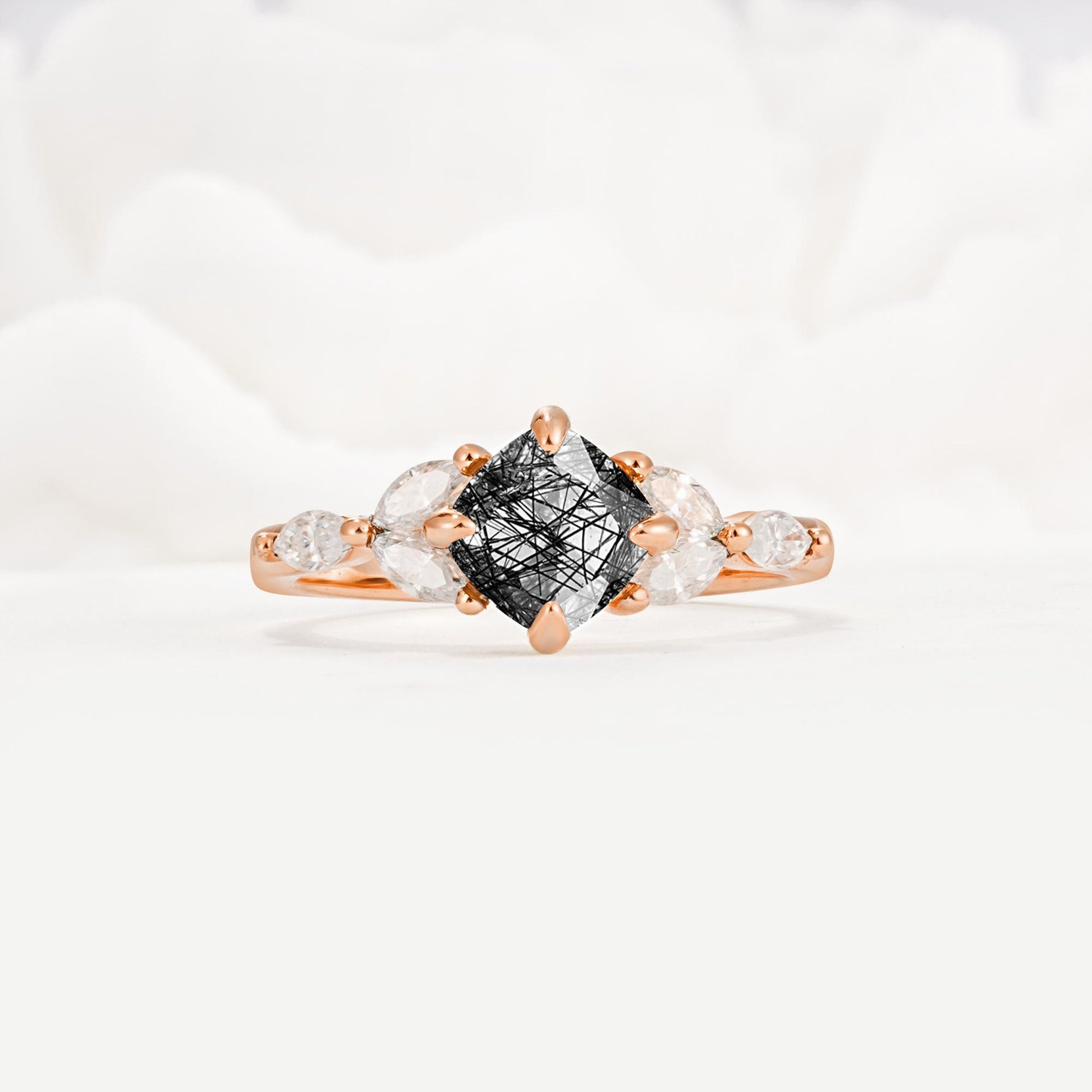 Vintage-Inspired Princess Cut Black Rutilated Quartz Cluster Engagement Ring - Additional view