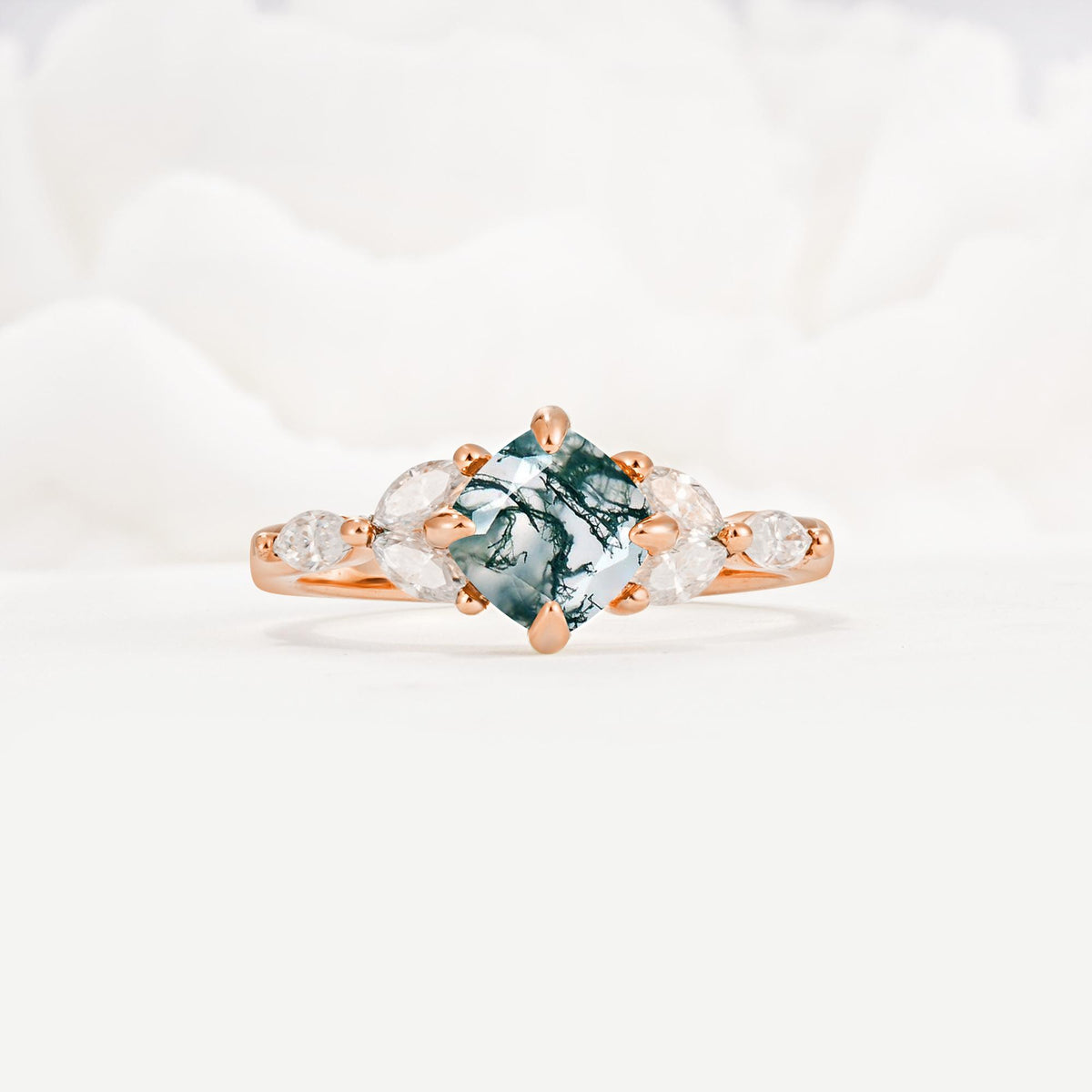 Vintage-Inspired Princess Cut Moss Agate Cluster Engagement Ring - Additional view