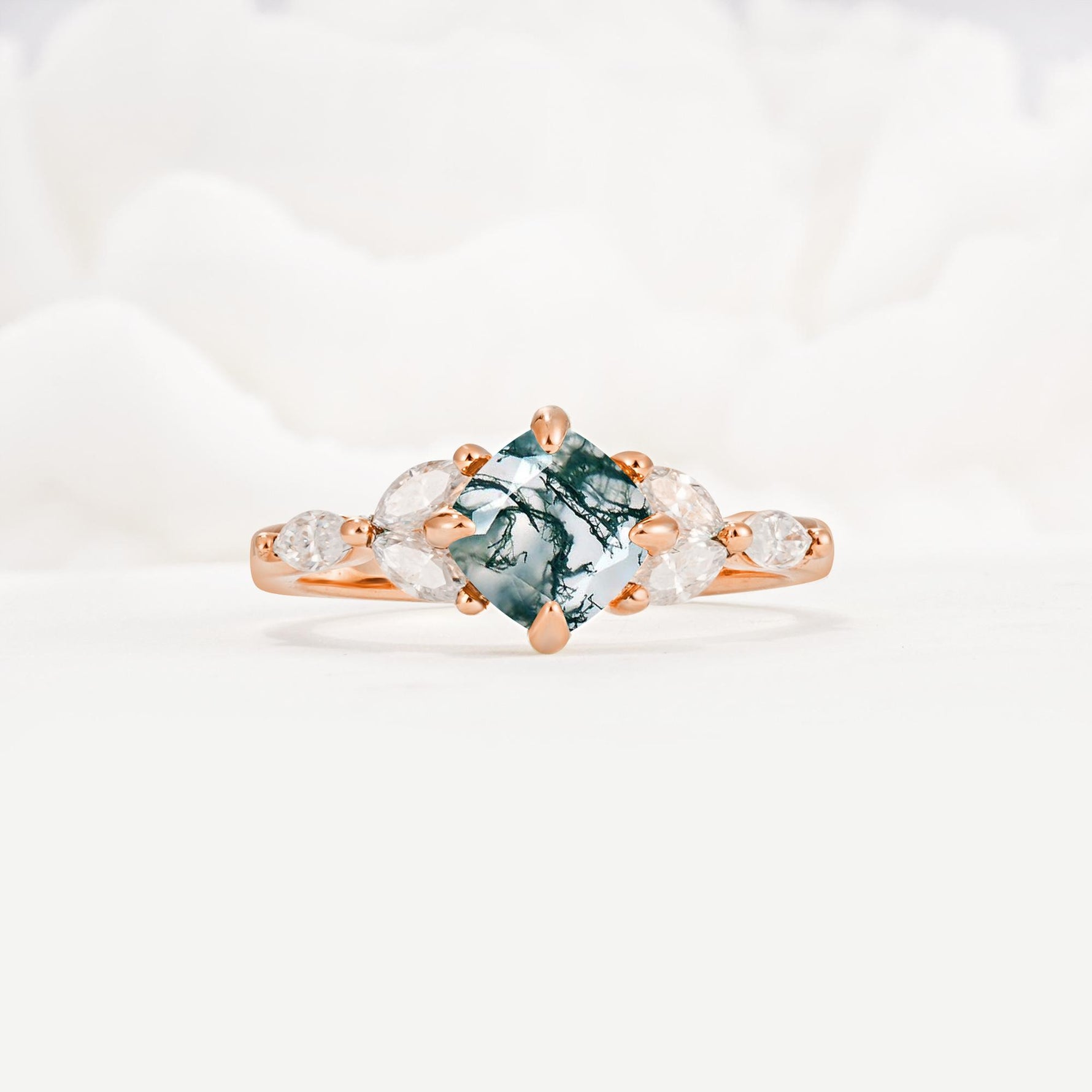 Vintage-Inspired Princess Cut Moss Agate Cluster Engagement Ring - Additional view