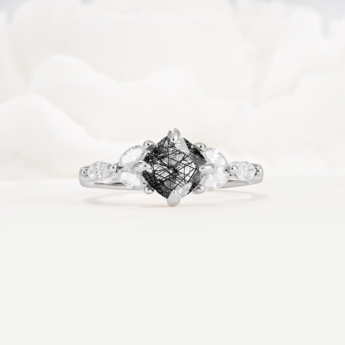Vintage-Inspired Princess Cut Black Rutilated Quartz Cluster Engagement Ring - Additional view