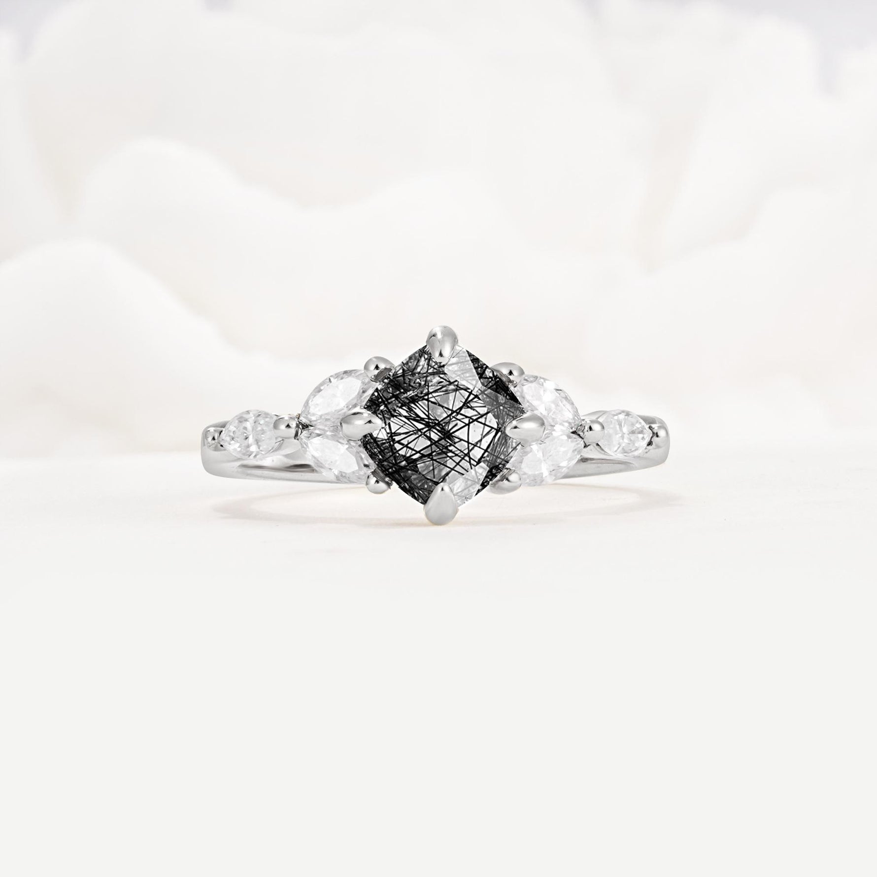 Vintage-Inspired Princess Cut Black Rutilated Quartz Cluster Engagement Ring - Additional view