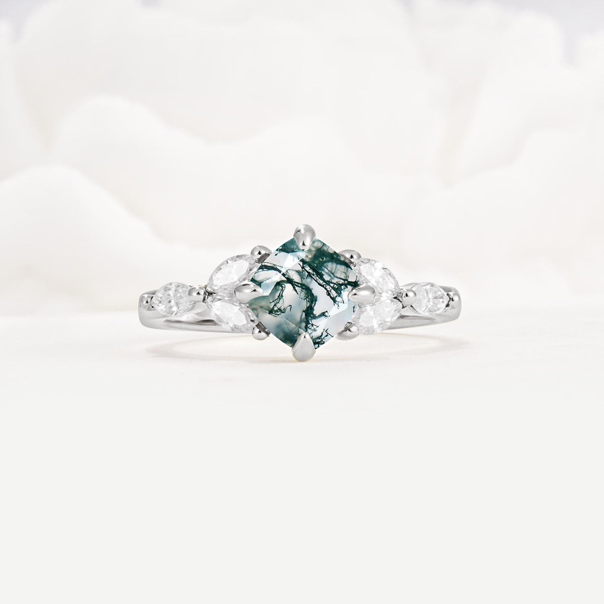 Vintage-Inspired Princess Cut Moss Agate Cluster Engagement Ring - Additional view
