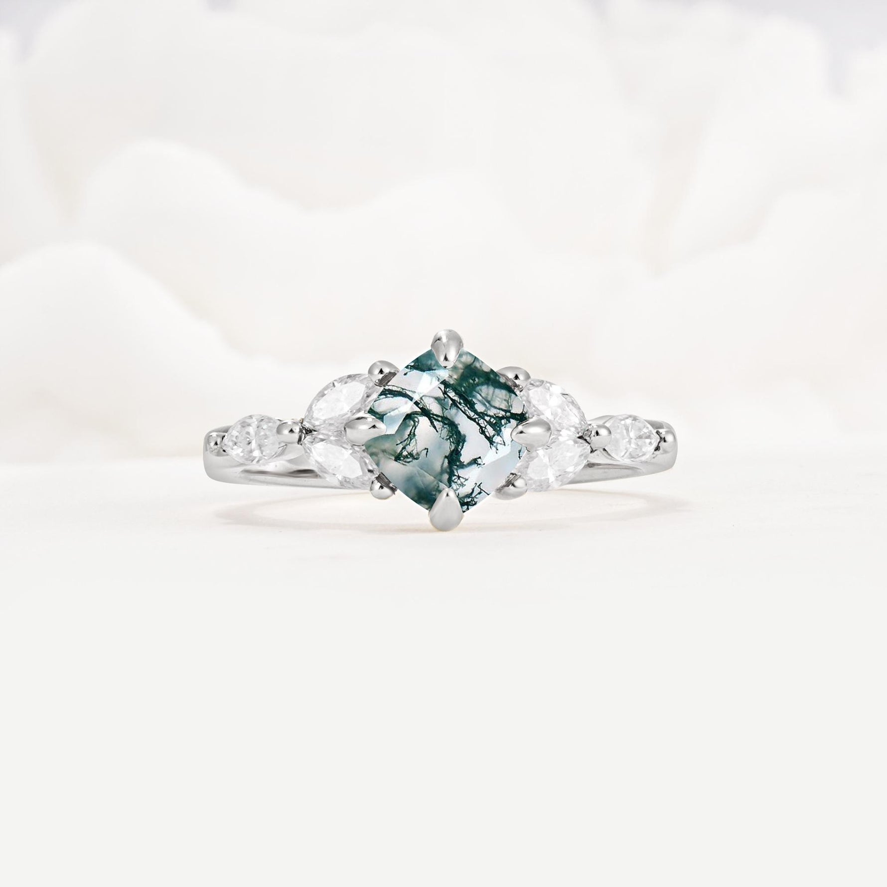 Vintage-Inspired Princess Cut Moss Agate Cluster Engagement Ring - Additional view