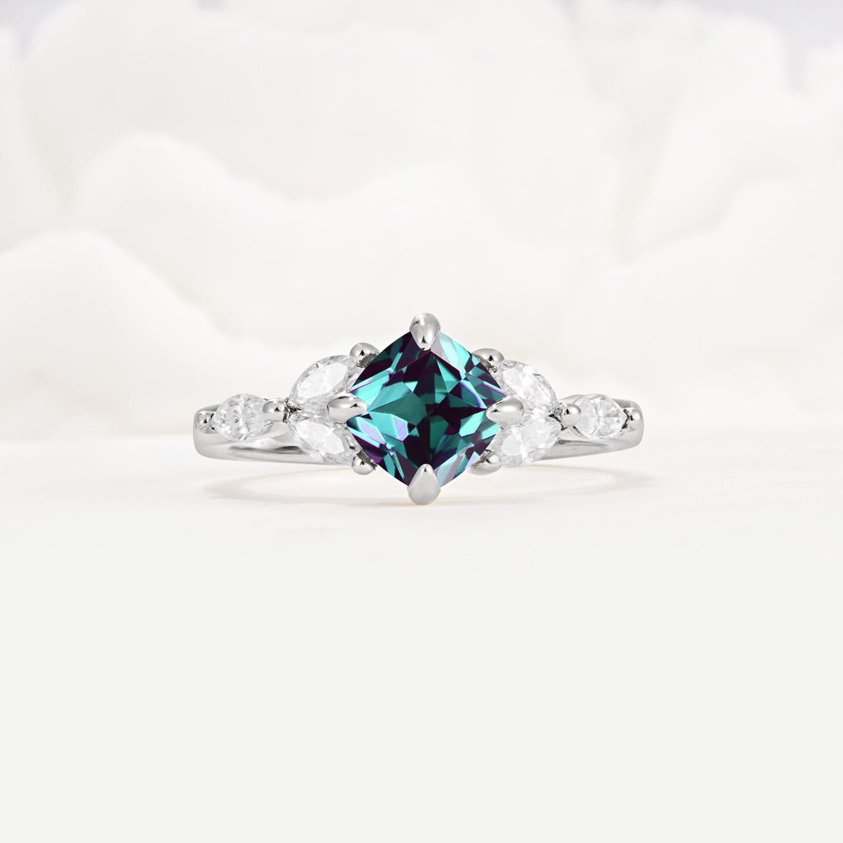 Vintage-Inspired Princess Cut Alexandrite Cluster Engagement Ring - Additional view