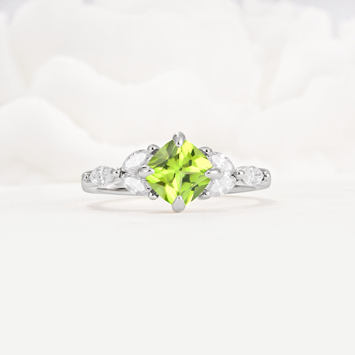 Vintage-Inspired Princess Cut Peridot Cluster Engagement Ring - Additional view