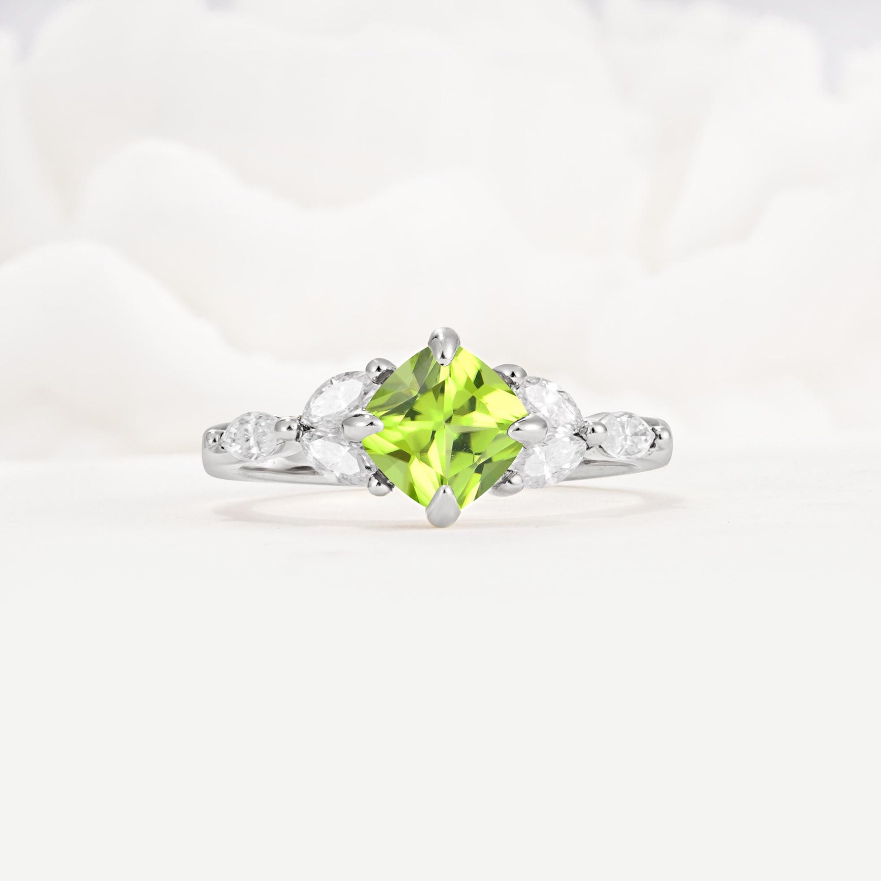 Vintage-Inspired Princess Cut Peridot Cluster Engagement Ring - Additional view