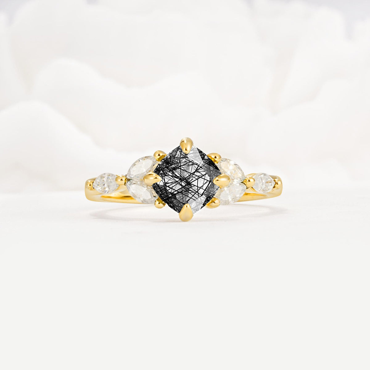 Vintage-Inspired Princess Cut Black Rutilated Quartz Cluster Engagement Ring - Additional view