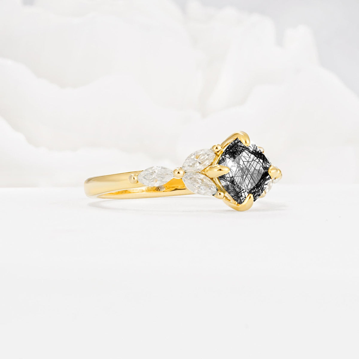 Vintage-Inspired Princess Cut Black Rutilated Quartz Cluster Engagement Ring - Additional view