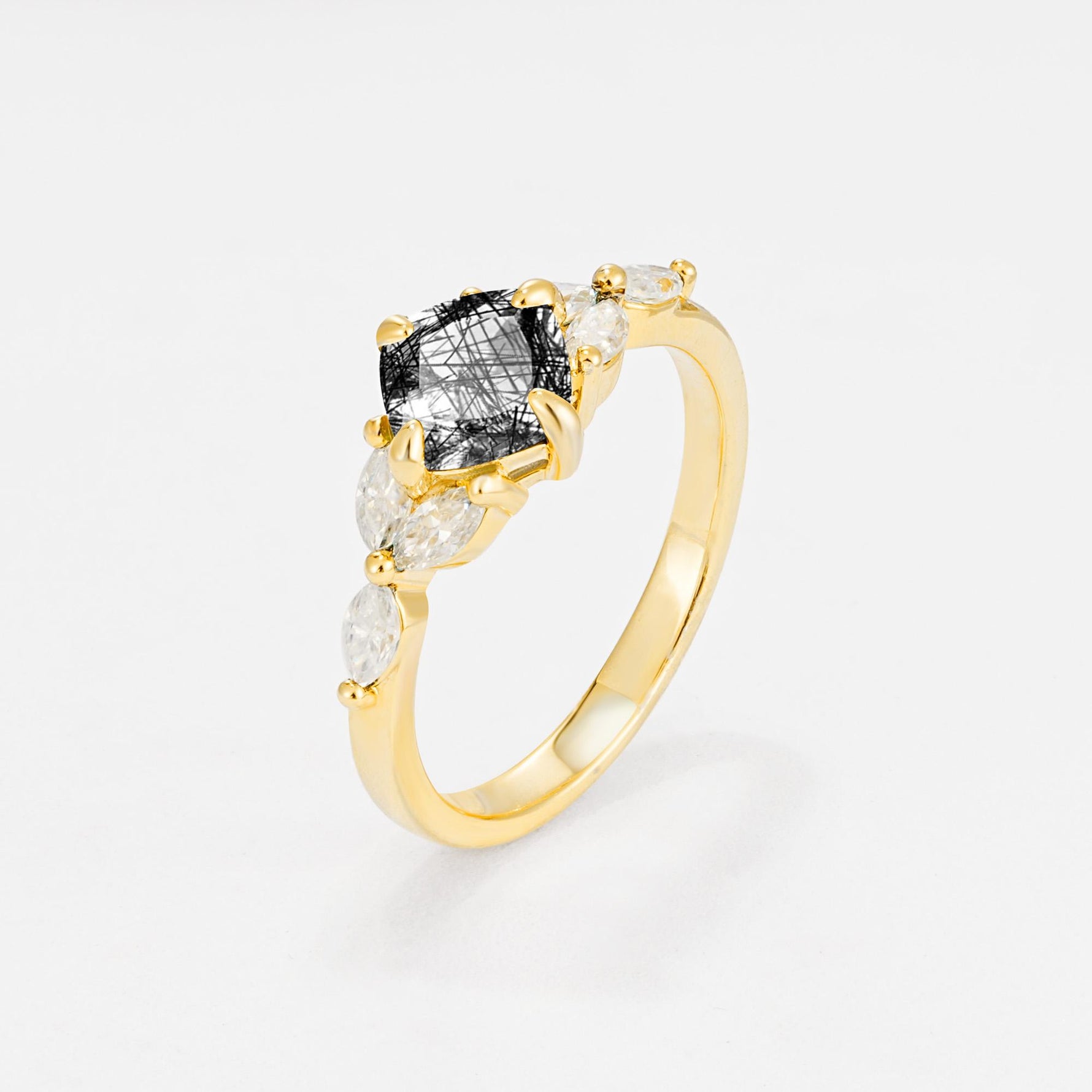 Vintage-Inspired Princess Cut Black Rutilated Quartz Cluster Engagement Ring - Additional view
