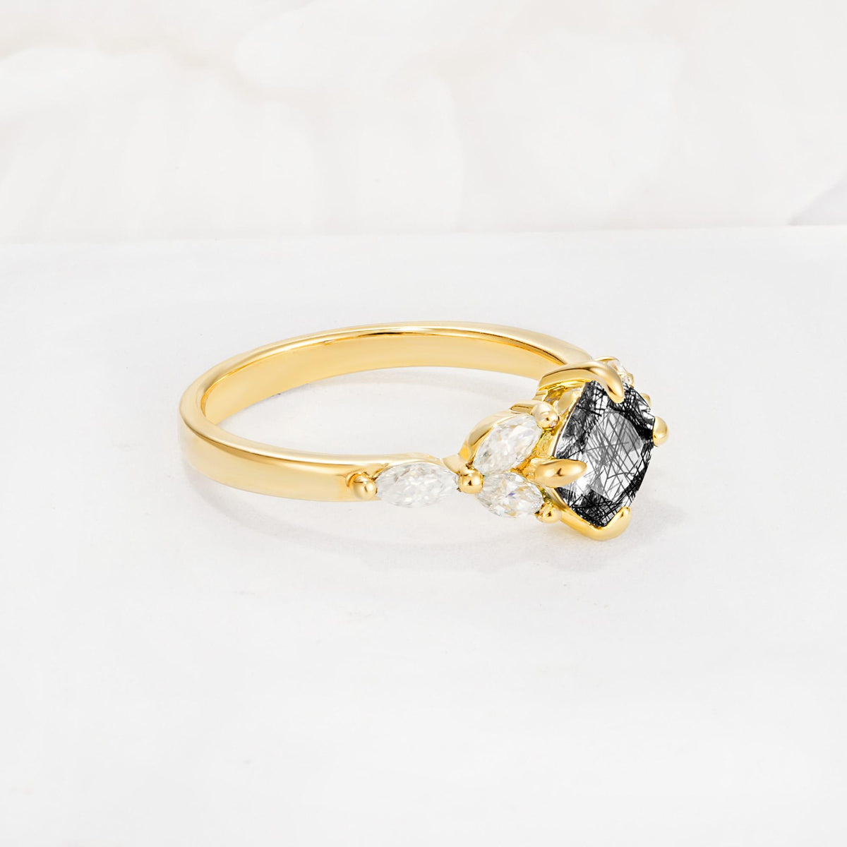 Vintage-Inspired Princess Cut Black Rutilated Quartz Cluster Engagement Ring - Additional view