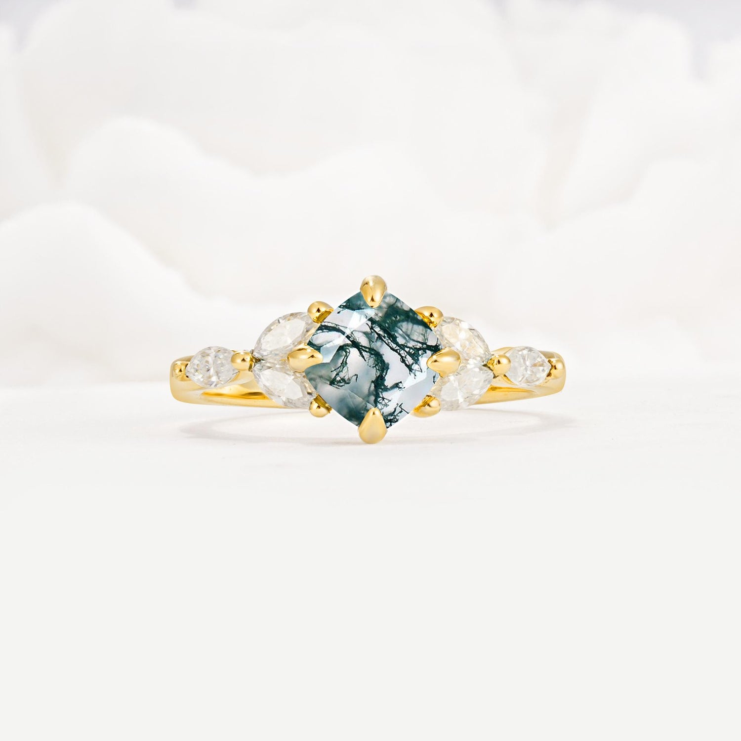 Vintage-Inspired Princess Cut Moss Agate Cluster Engagement Ring - Additional view