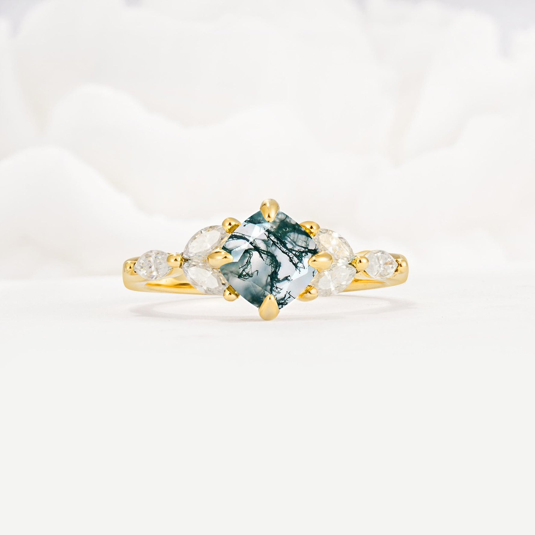 Vintage-Inspired Princess Cut Moss Agate Cluster Engagement Ring - Additional view