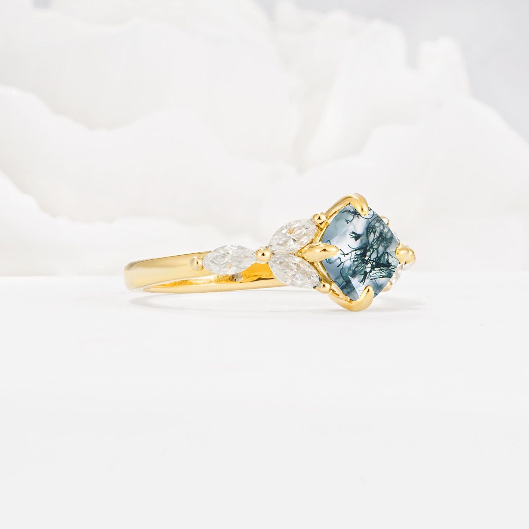 Vintage-Inspired Princess Cut Moss Agate Cluster Engagement Ring - Additional view