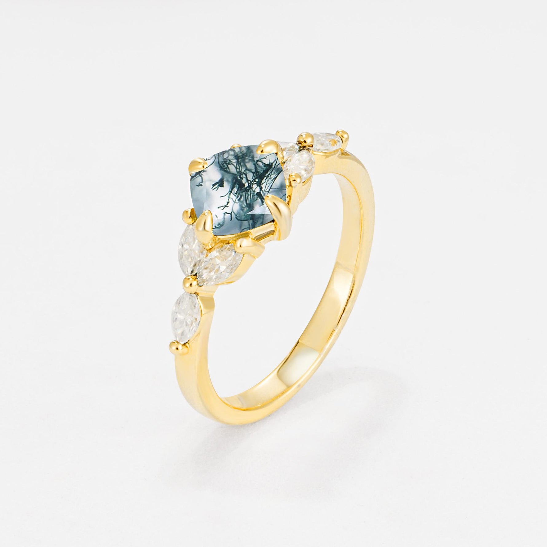 Vintage-Inspired Princess Cut Moss Agate Cluster Engagement Ring - Additional view