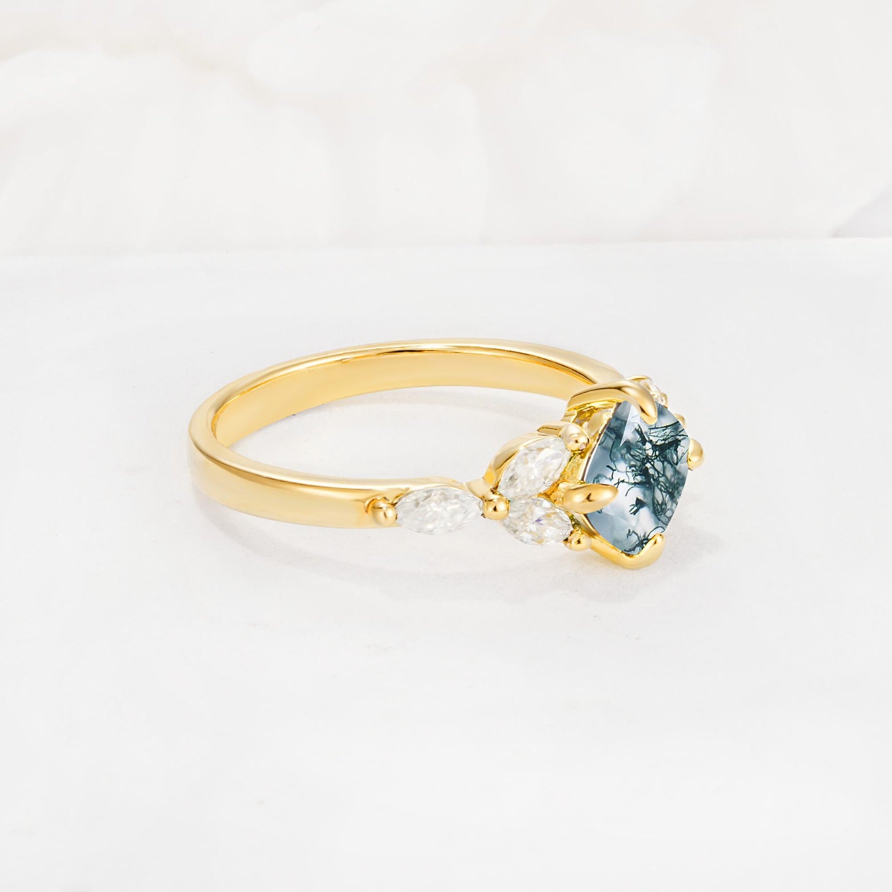 Vintage-Inspired Princess Cut Moss Agate Cluster Engagement Ring - Additional view